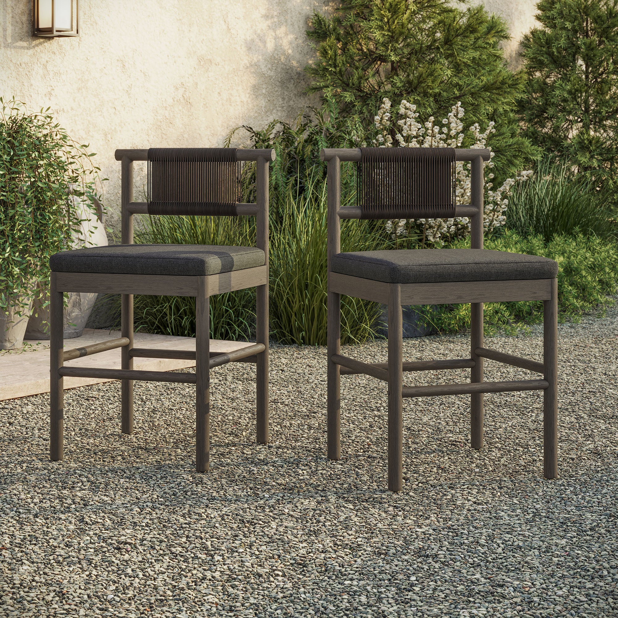 Eleni Outdoor Patio Teak Wood Counter Stools Set of 2
