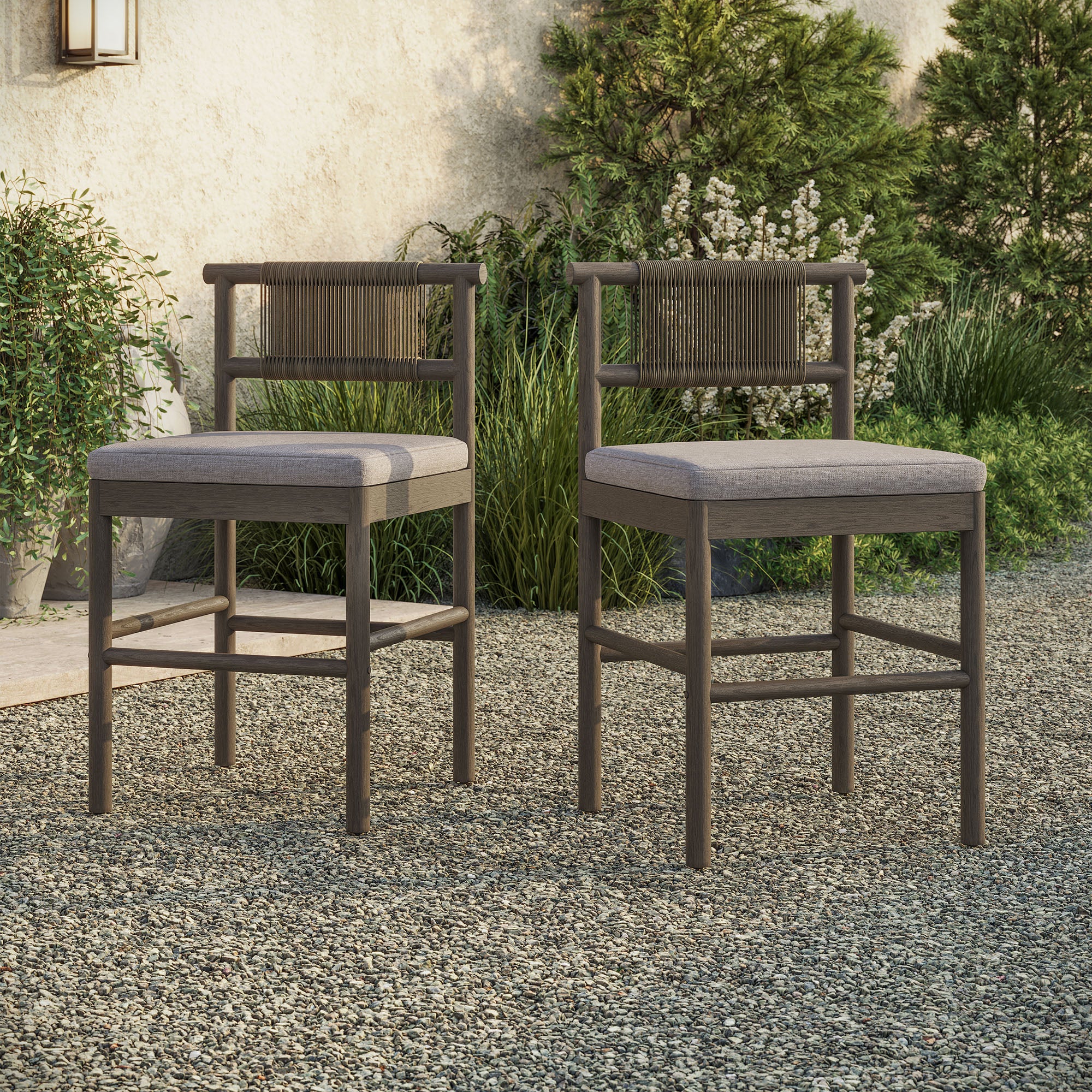 Eleni Outdoor Patio Teak Wood Counter Stools Set of 2