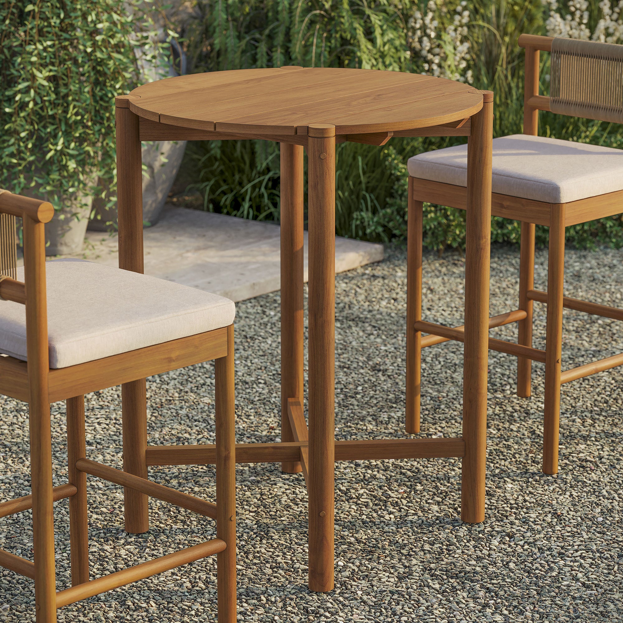 Eleni Round 35 Inch Outdoor Patio Teak Wood Round Bar Table