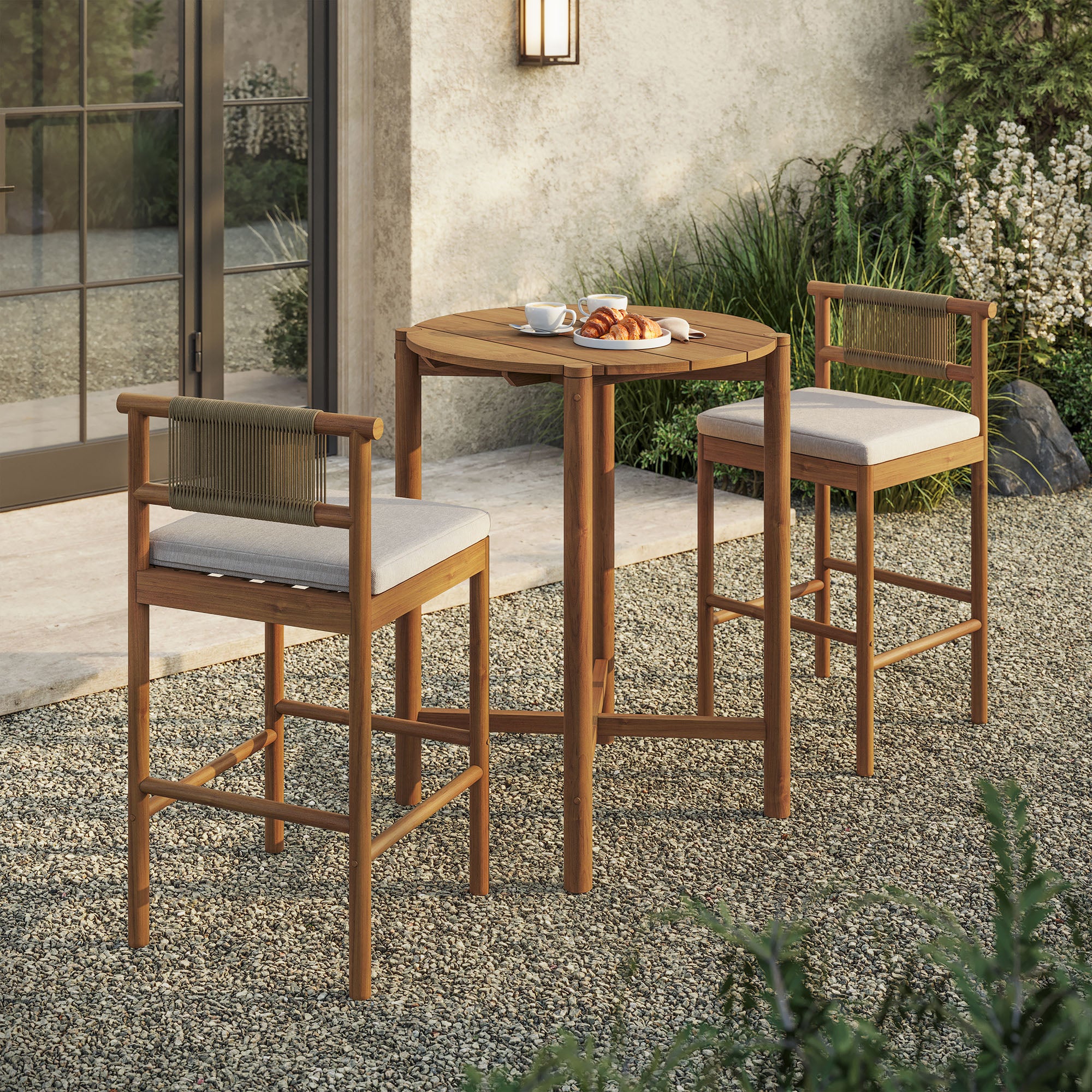 Eleni 3-Piece Outdoor Patio Teak Wood Bar Set