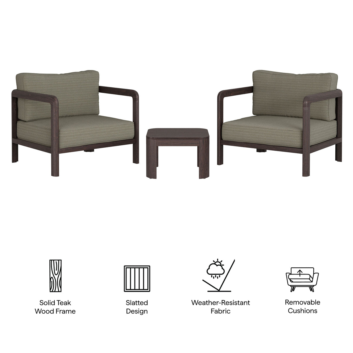 Kona 3-Piece Outdoor Patio Teak Wood Furniture Set