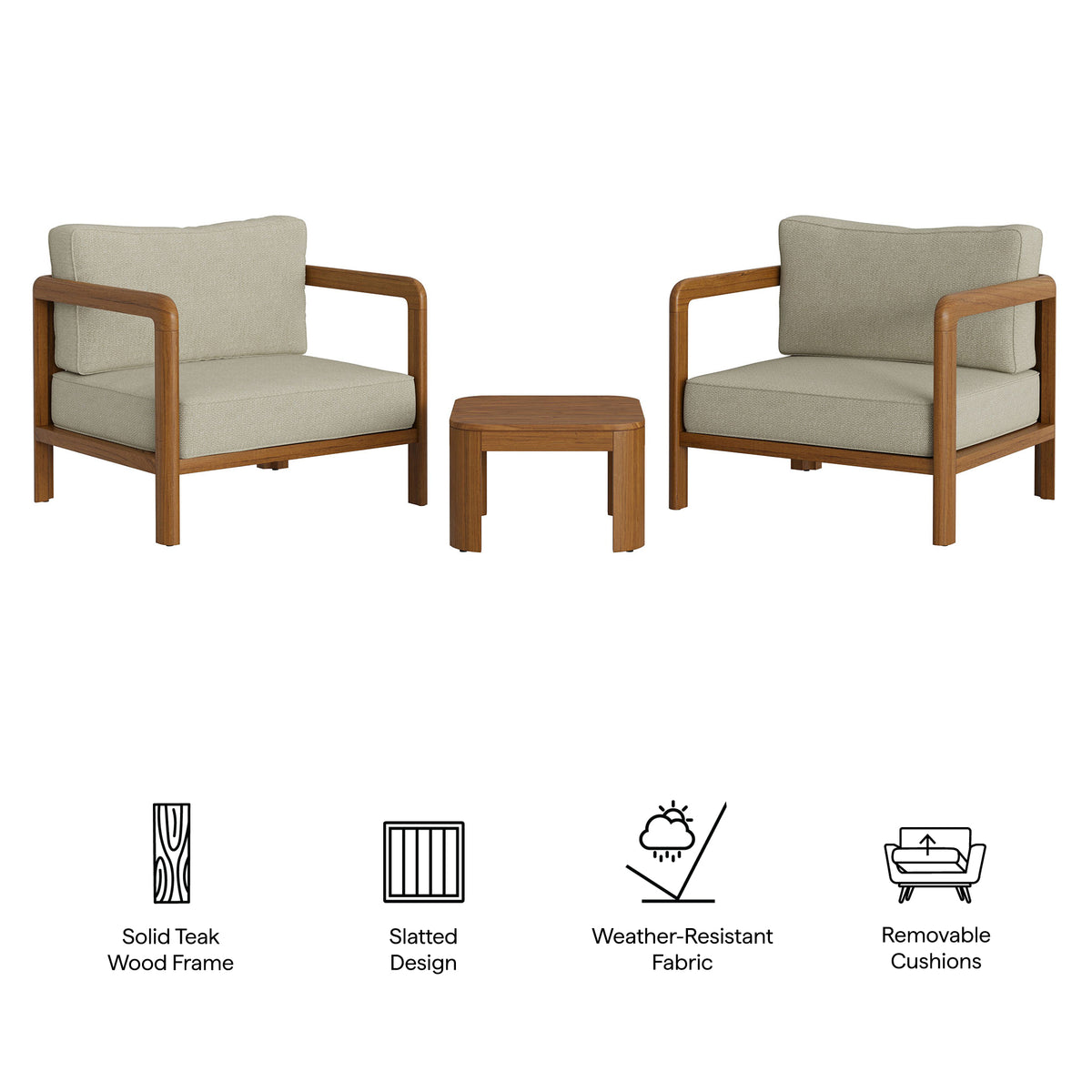 Kona 3-Piece Outdoor Patio Teak Wood Furniture Set