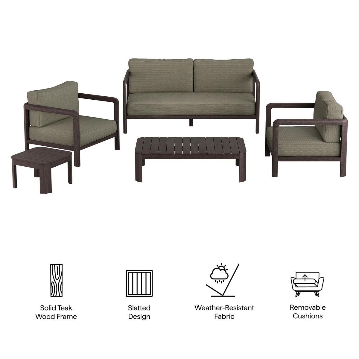 Kona 5-Piece Outdoor Patio Teak Wood Furniture Set