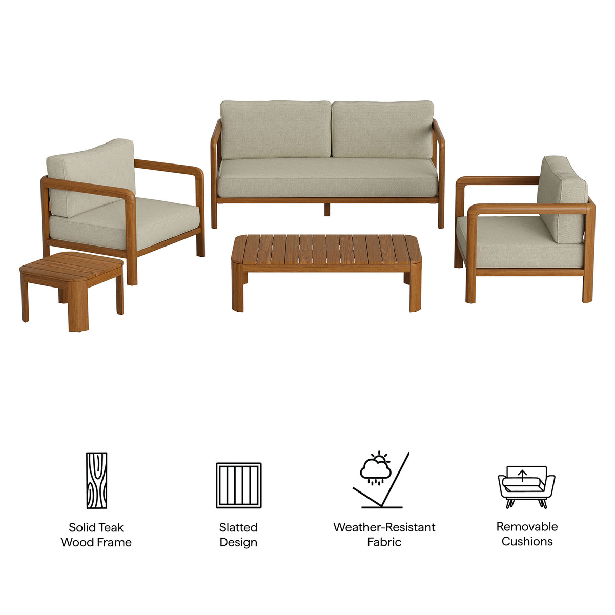 Kona 5-Piece Outdoor Patio Teak Wood Furniture Set