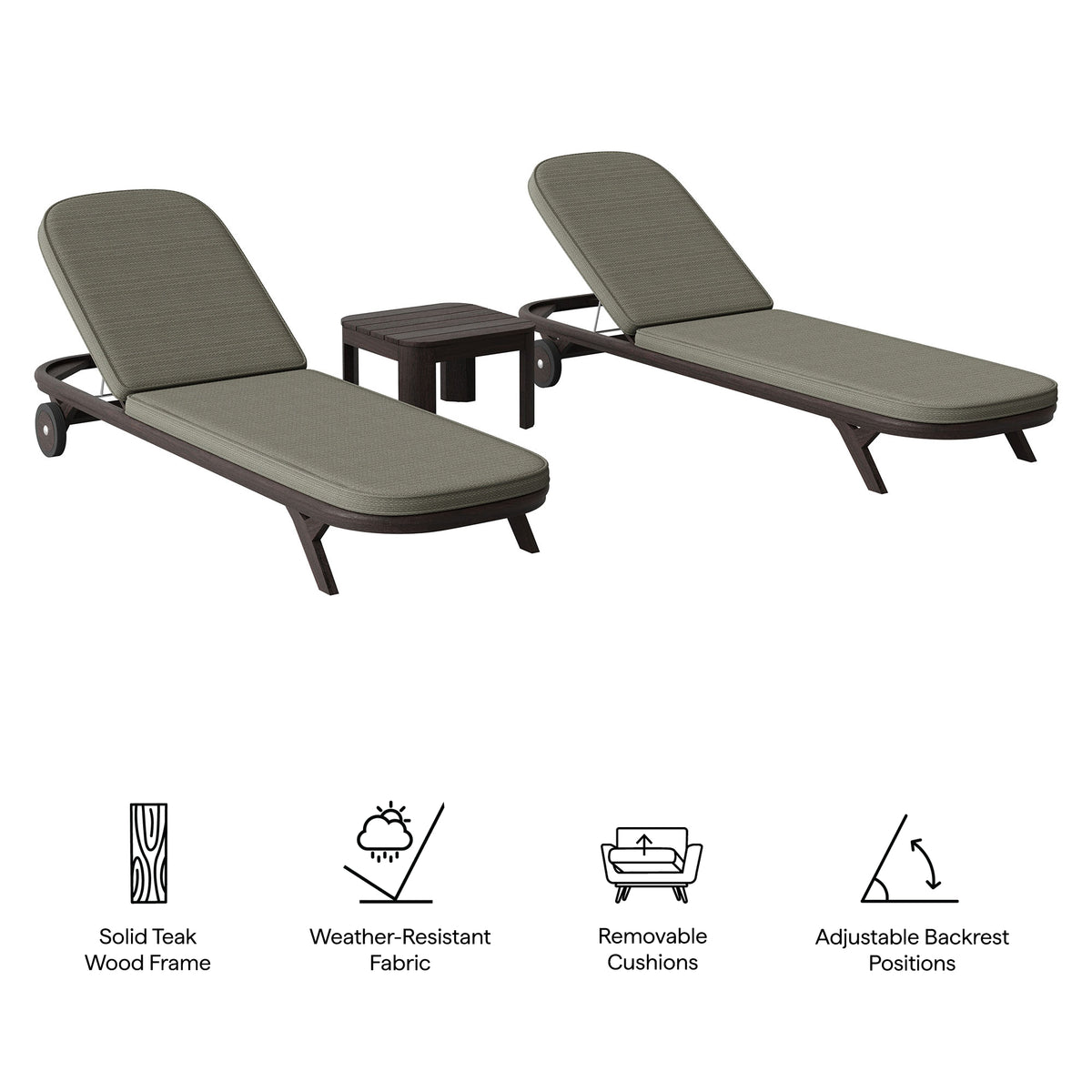 Kona 3-Piece Outdoor Patio Teak Wood Chaise Lounge Set