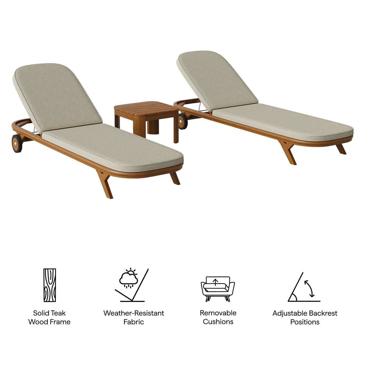 Kona 3-Piece Outdoor Patio Teak Wood Chaise Lounge Set