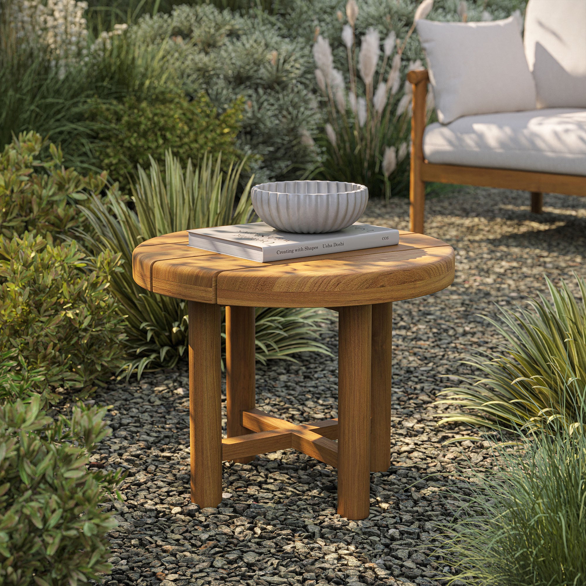 Eleni 20-Inch Round Outdoor Patio Teak Wood Side Table
