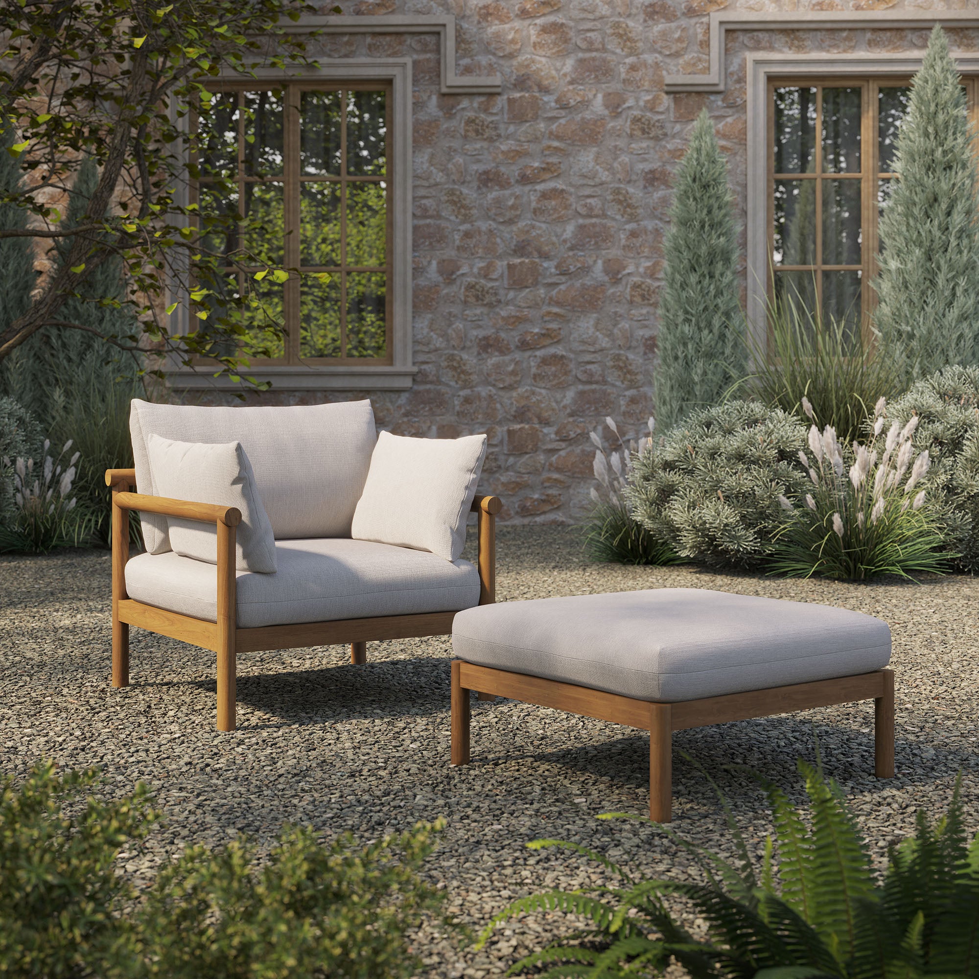 Eleni 2-Piece Outdoor Patio Teak Wood Armchair and Ottoman Set