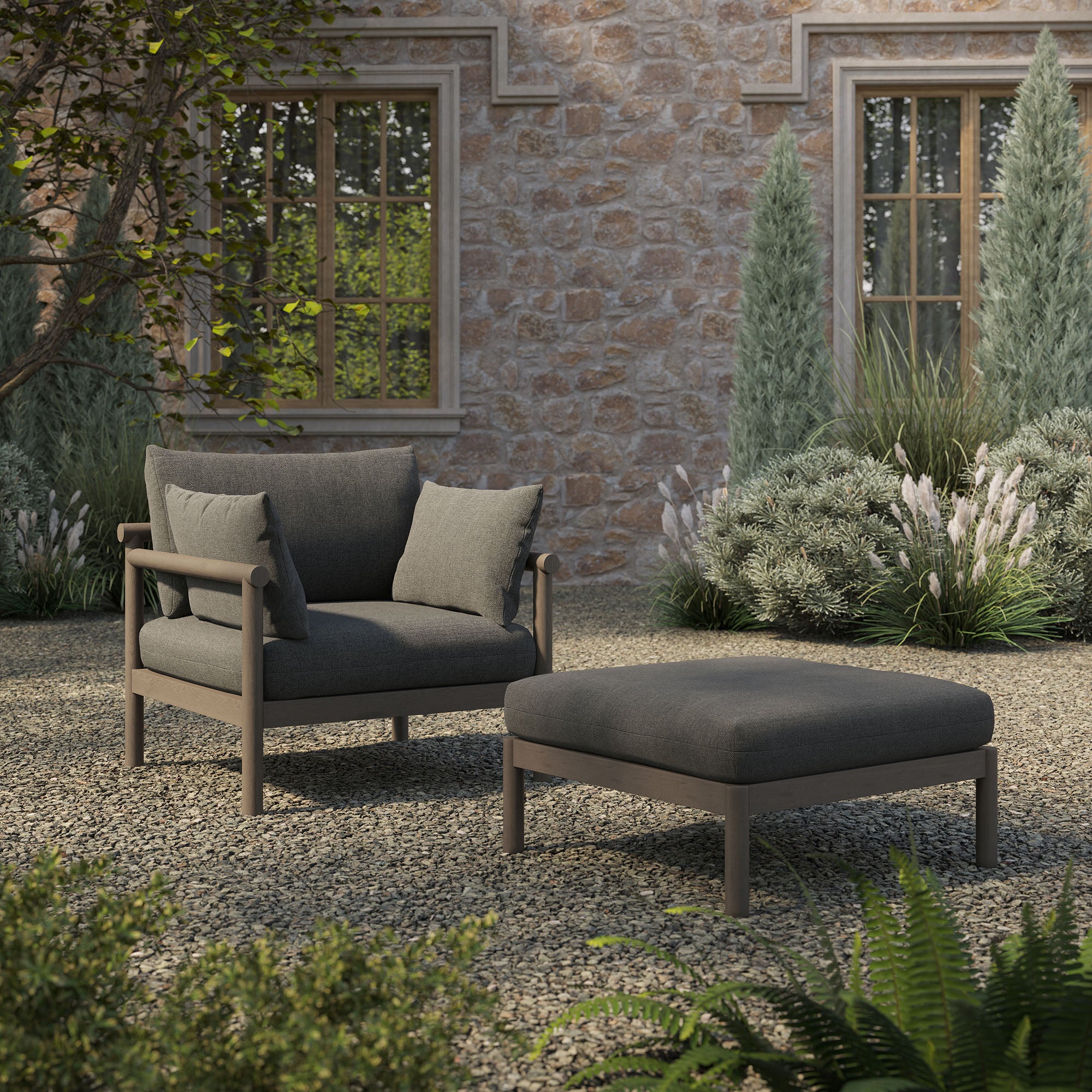 Eleni 2-Piece Outdoor Patio Teak Wood Armchair and Ottoman Set