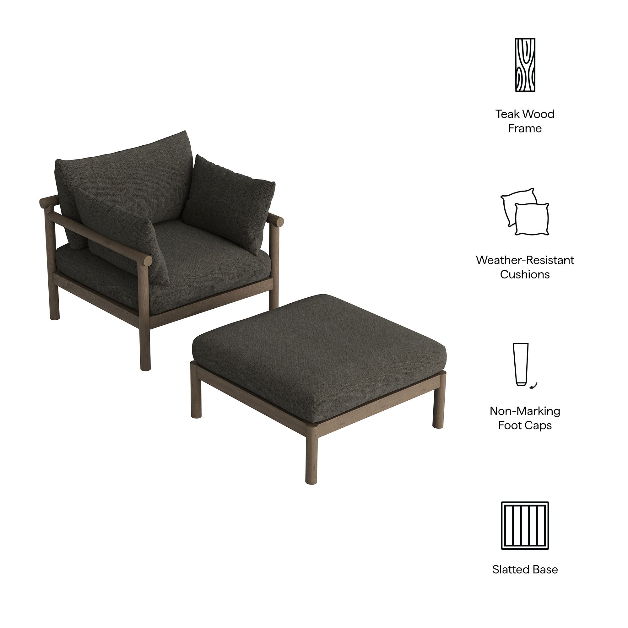 Eleni 2-Piece Outdoor Patio Teak Wood Armchair and Ottoman Set