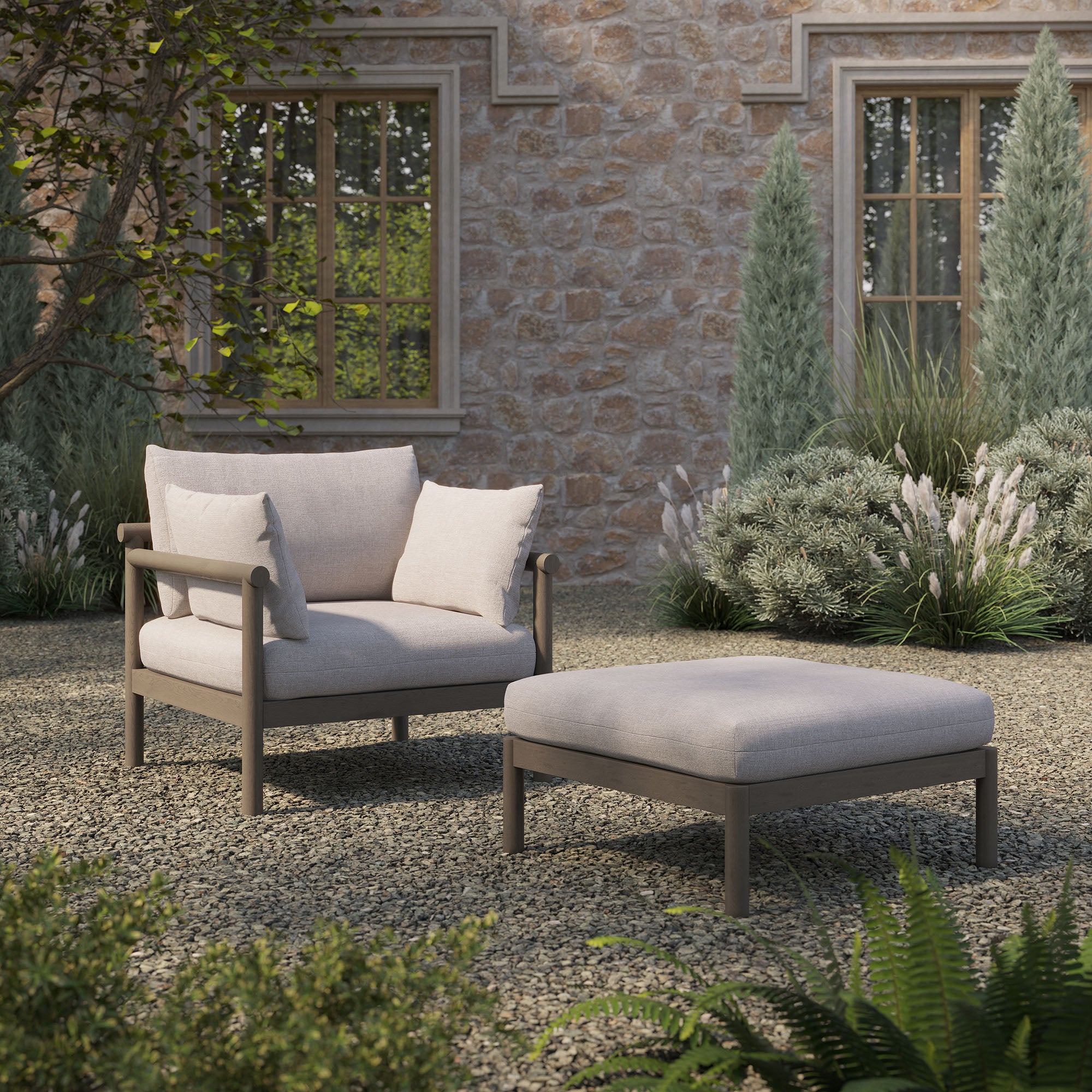 Eleni 2-Piece Outdoor Patio Teak Wood Armchair and Ottoman Set