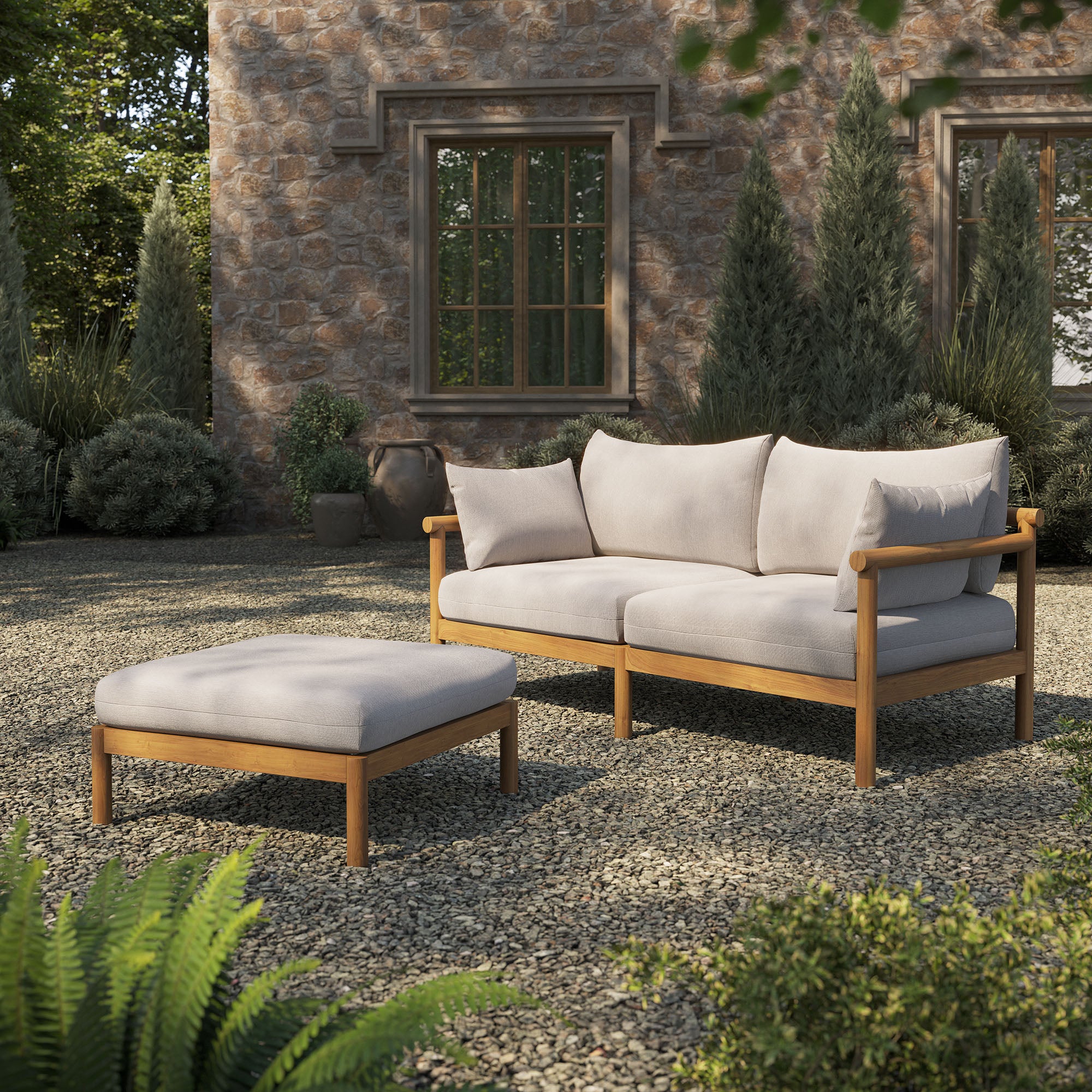 Eleni 2-Piece Outdoor Patio Teak Wood Loveseat with Ottoman Set