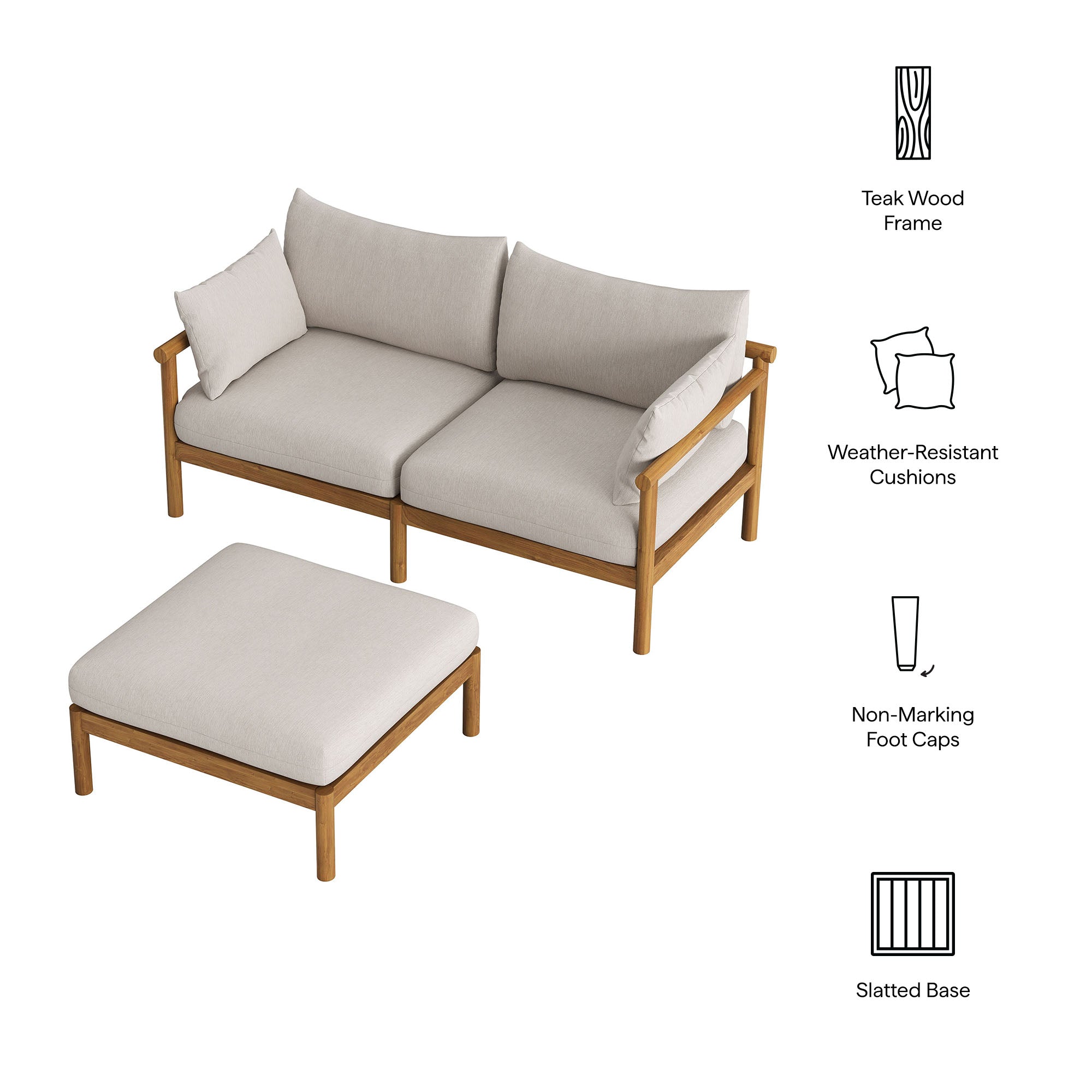 Eleni 2-Piece Outdoor Patio Teak Wood Loveseat with Ottoman Set
