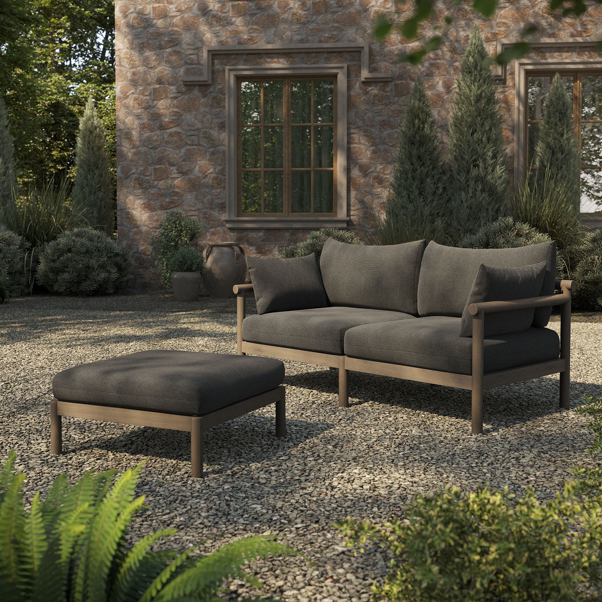 Eleni 2-Piece Outdoor Patio Teak Wood Loveseat with Ottoman Set
