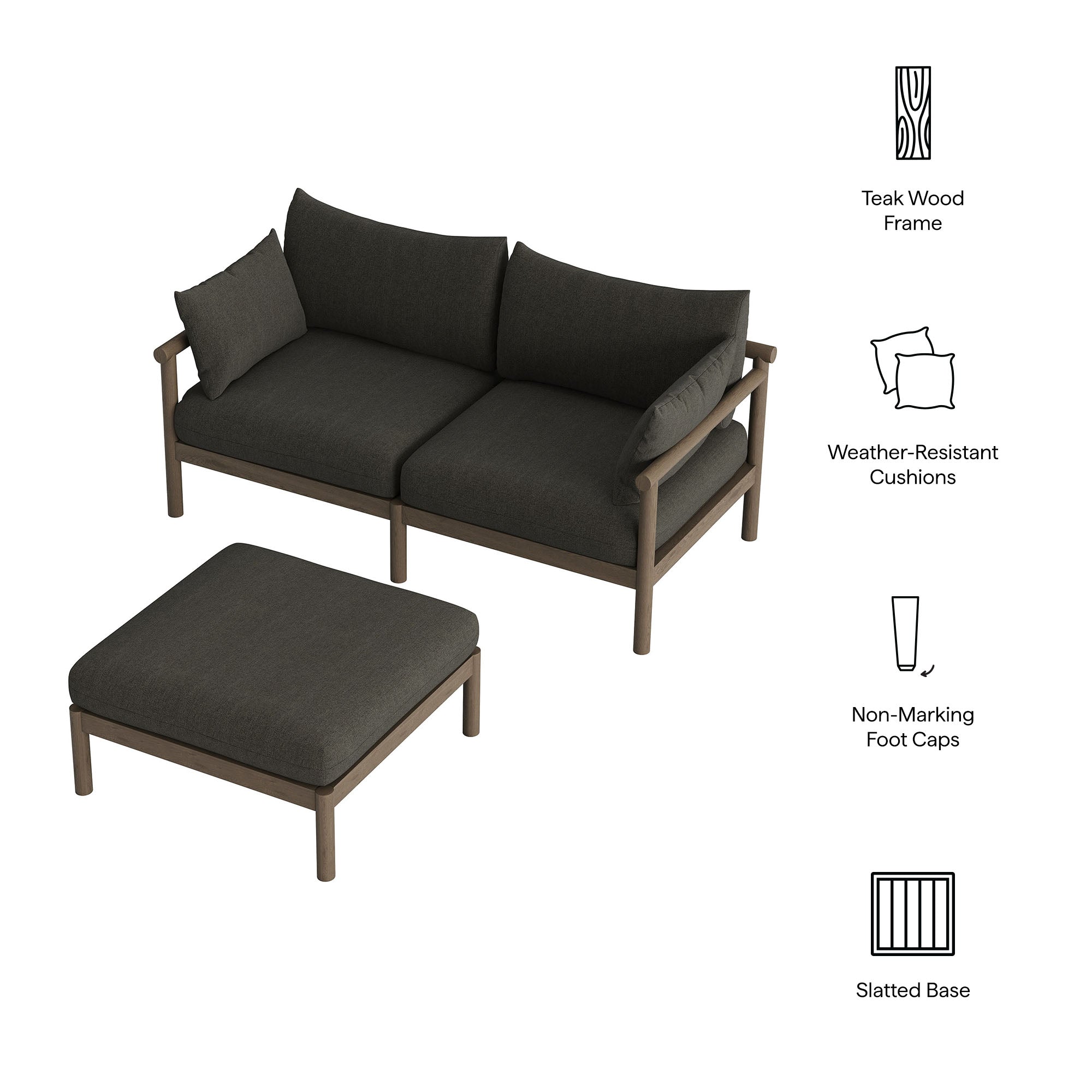 Eleni 2-Piece Outdoor Patio Teak Wood Loveseat with Ottoman Set