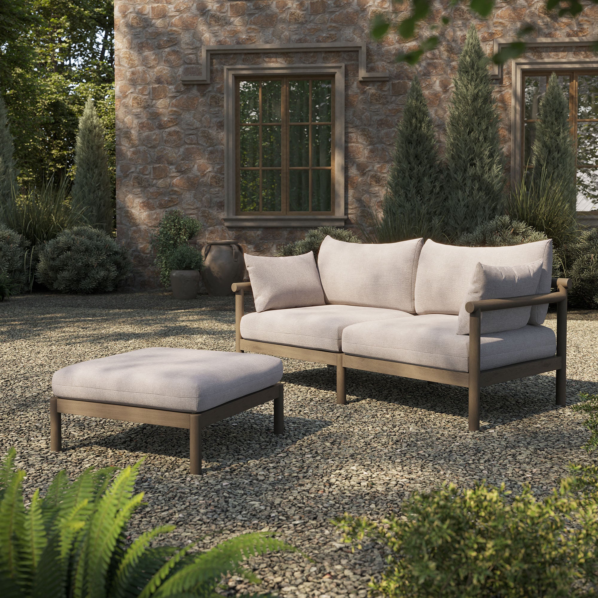 Eleni 2-Piece Outdoor Patio Teak Wood Loveseat with Ottoman Set