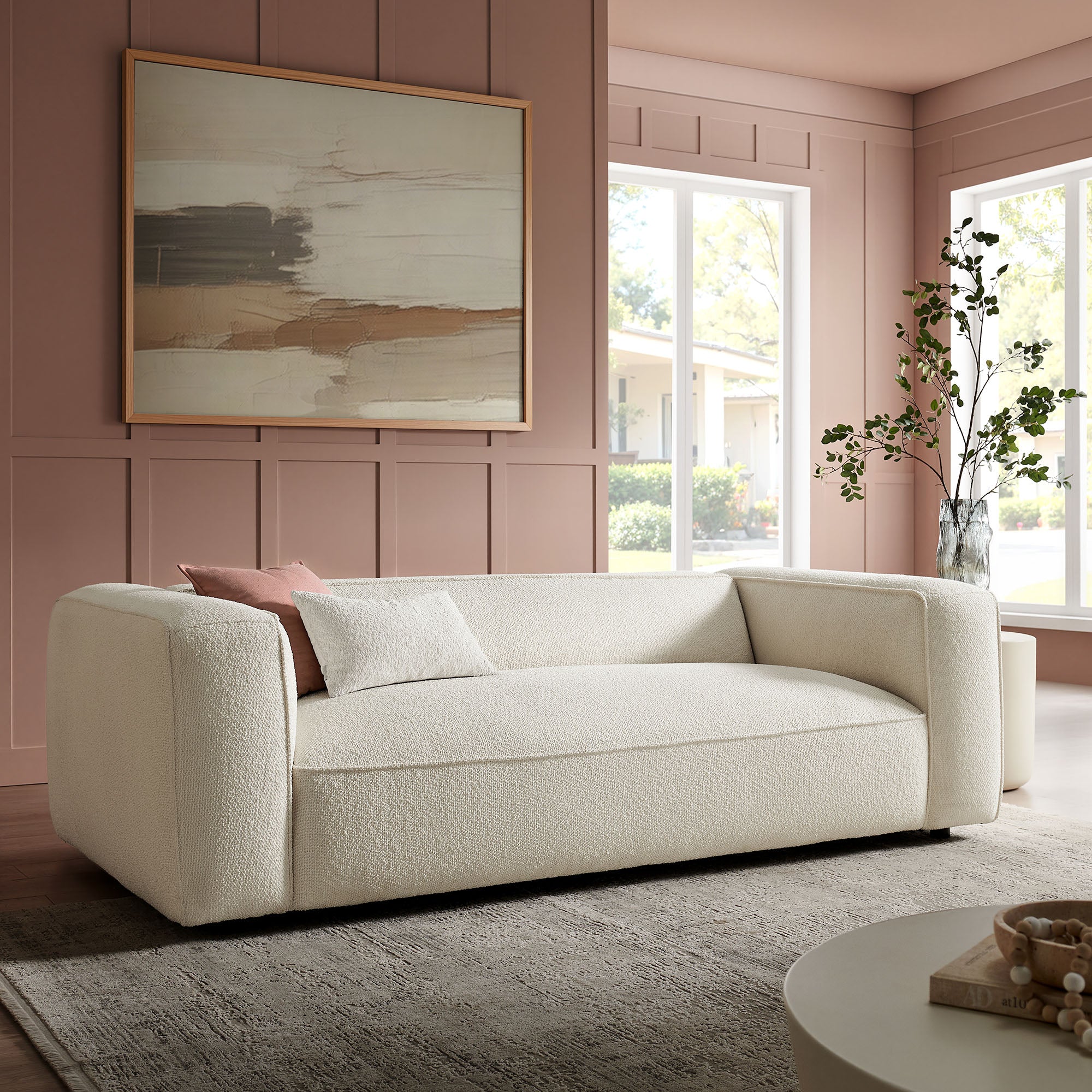 Auren 88 Inch Lattice Bouclé Upholstered Sofa