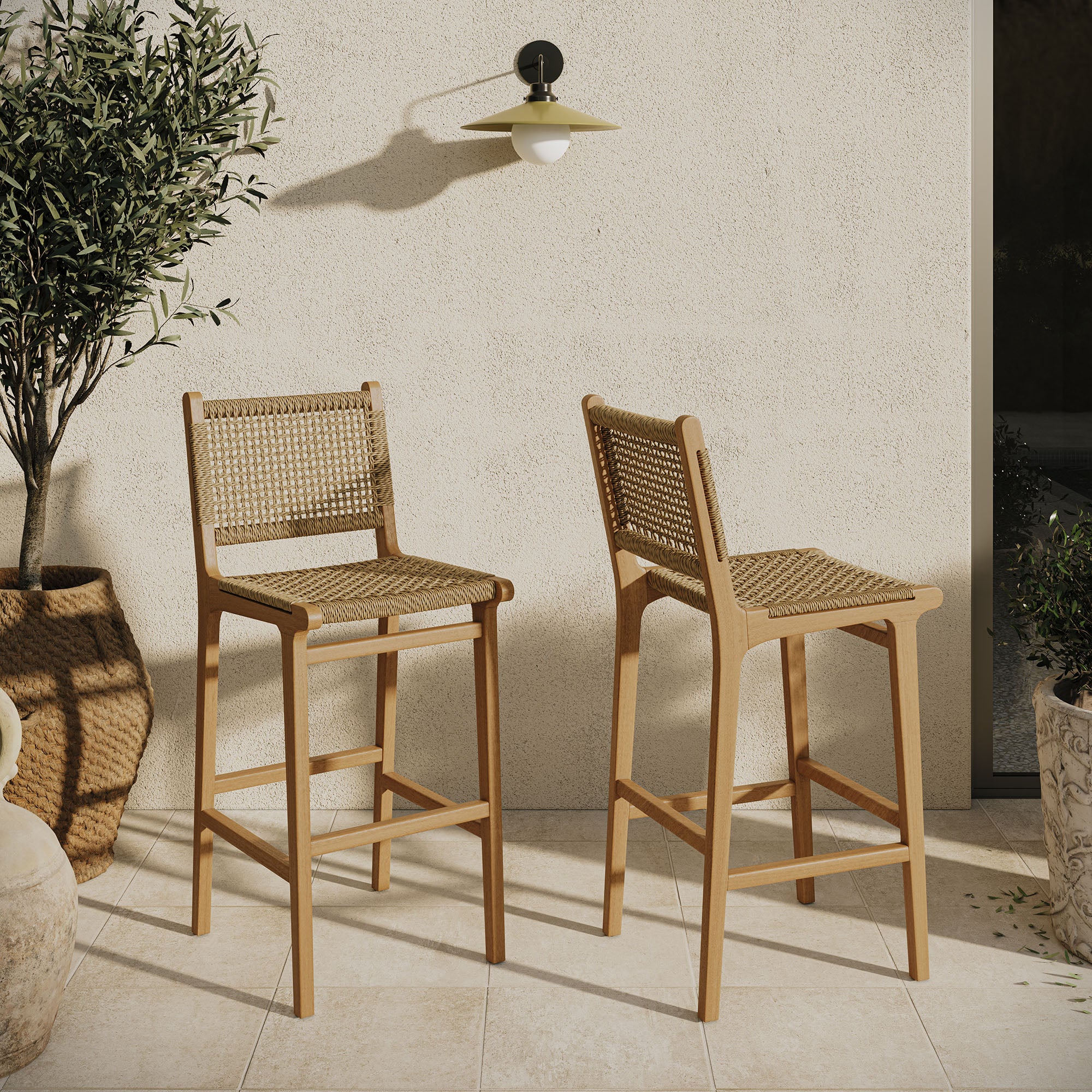 Rowe Outdoor Patio Teak Wood Bar Chairs Set of 2