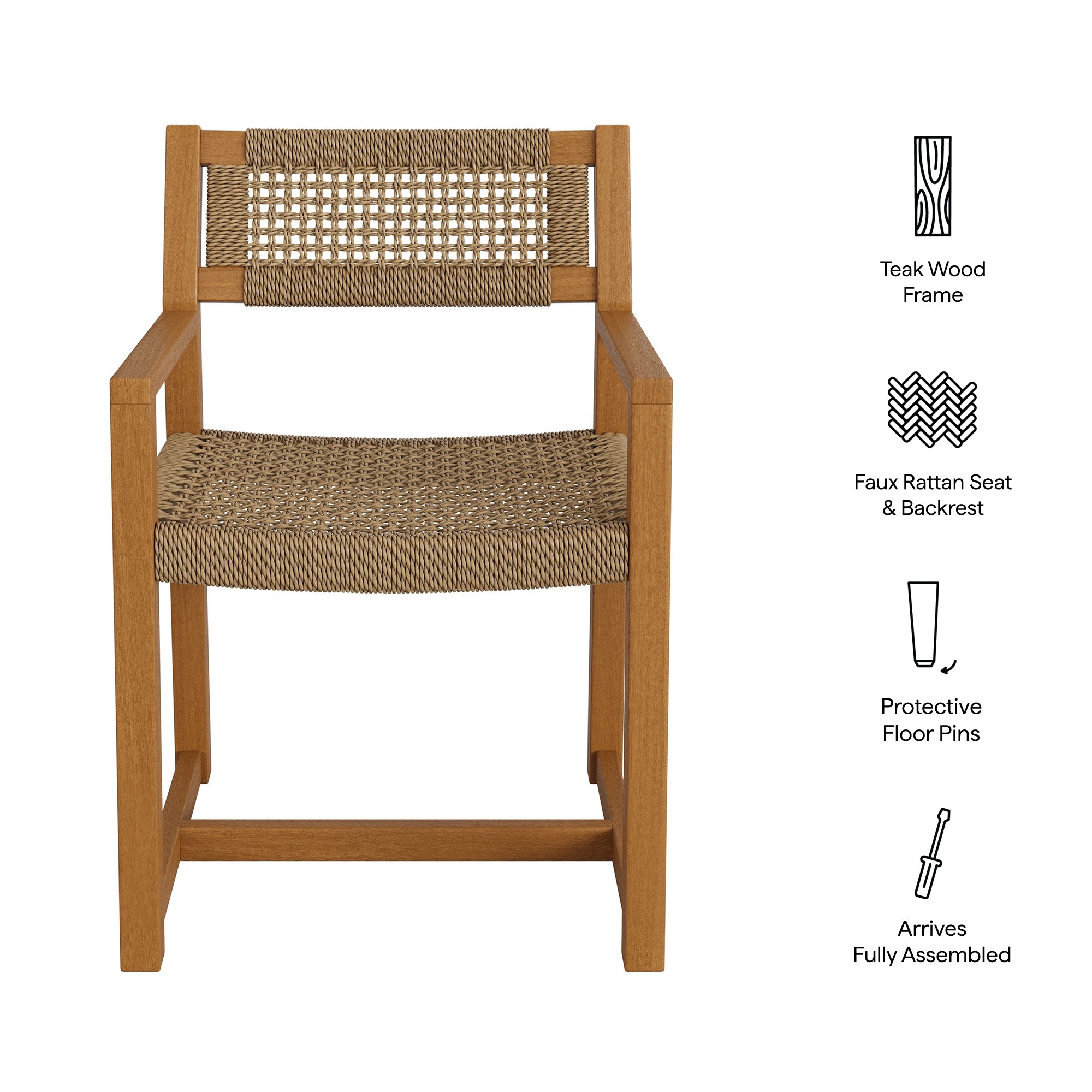 Reed Outdoor Patio Teak Wood Rattan Dining Chair