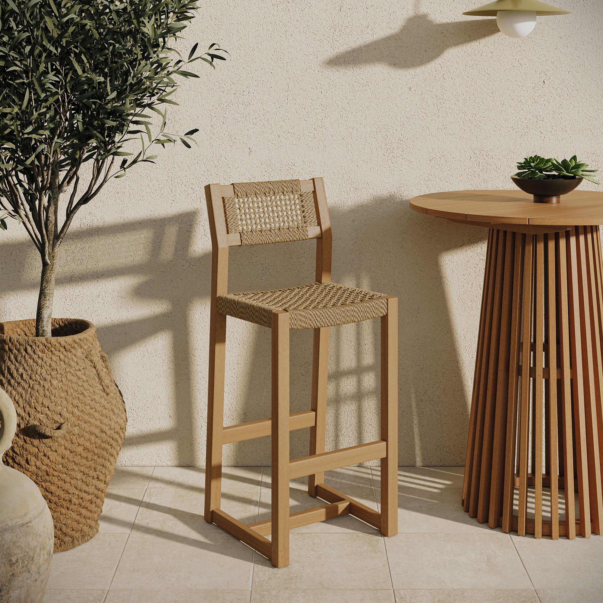Reed 44 Inch Outdoor Patio Outdoor Teak Wood Rattan Bar Stool