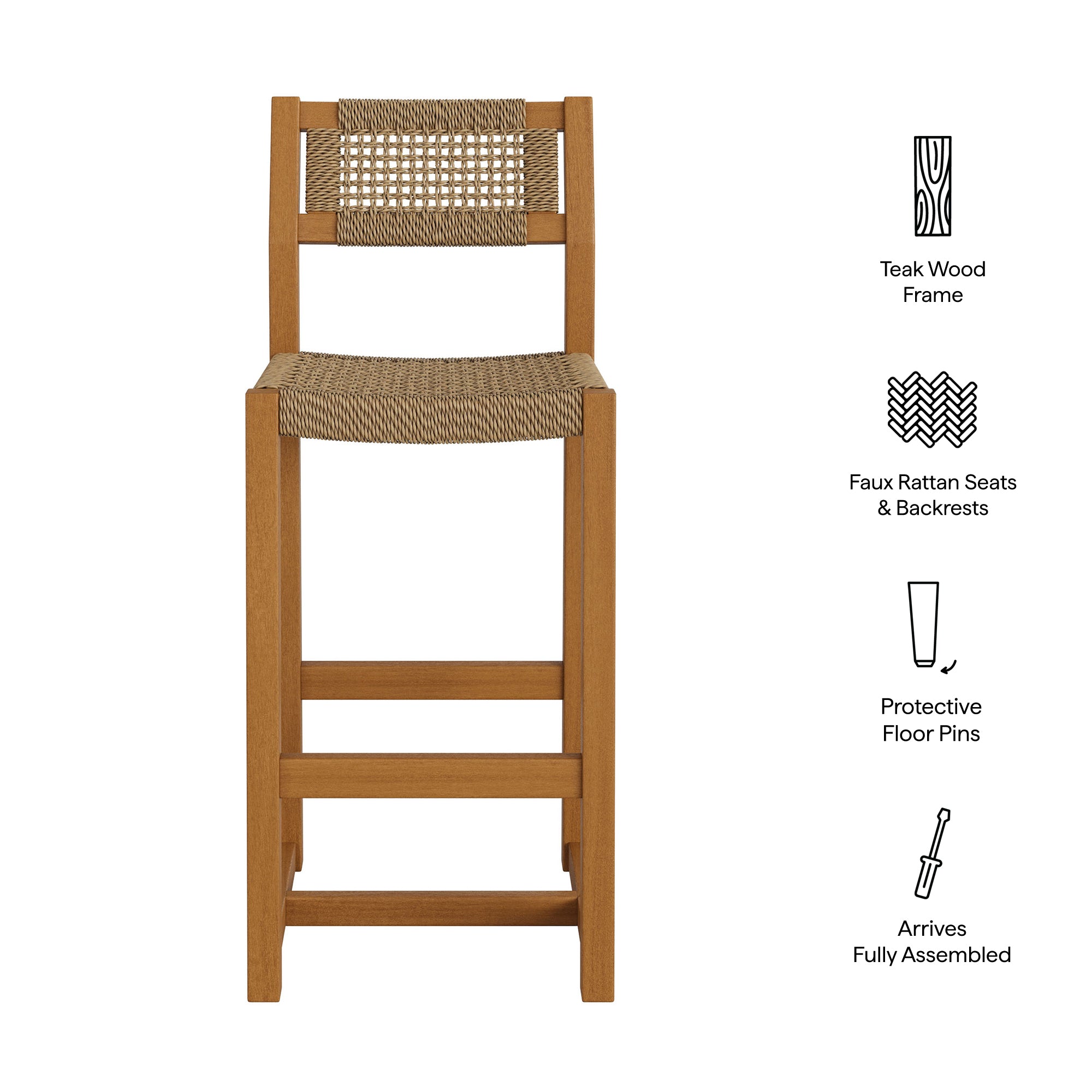 Reed 44 Inch Outdoor Patio Outdoor Teak Wood Rattan Bar Stool