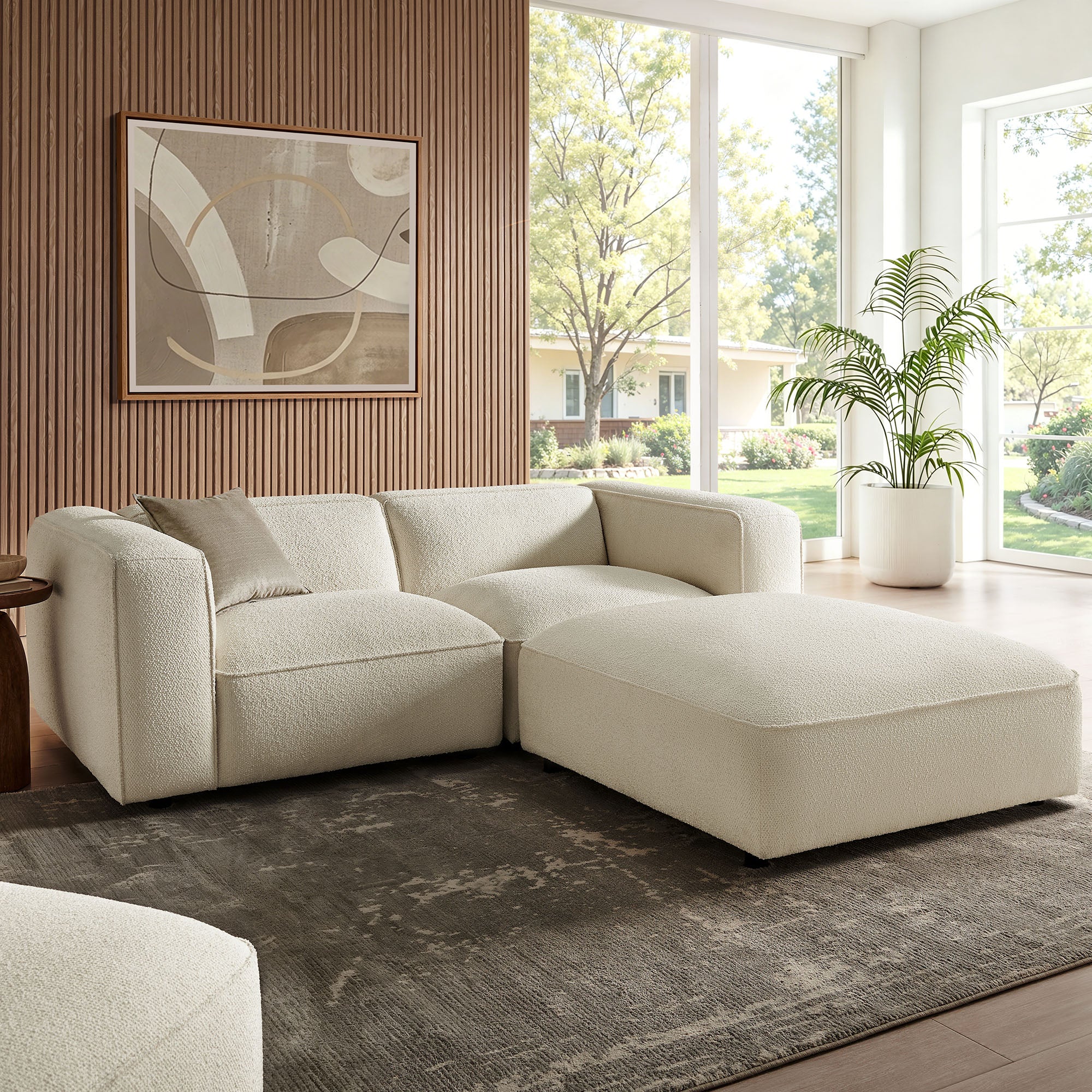 Auren 3 Piece Lattice Bouclé Upholstered Modular Loveseat with Ottoman