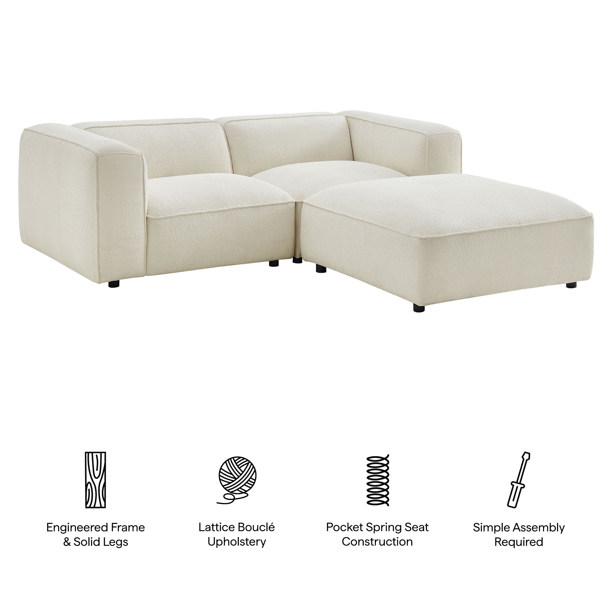 Auren 3 Piece Lattice Bouclé Upholstered Modular Loveseat with Ottoman