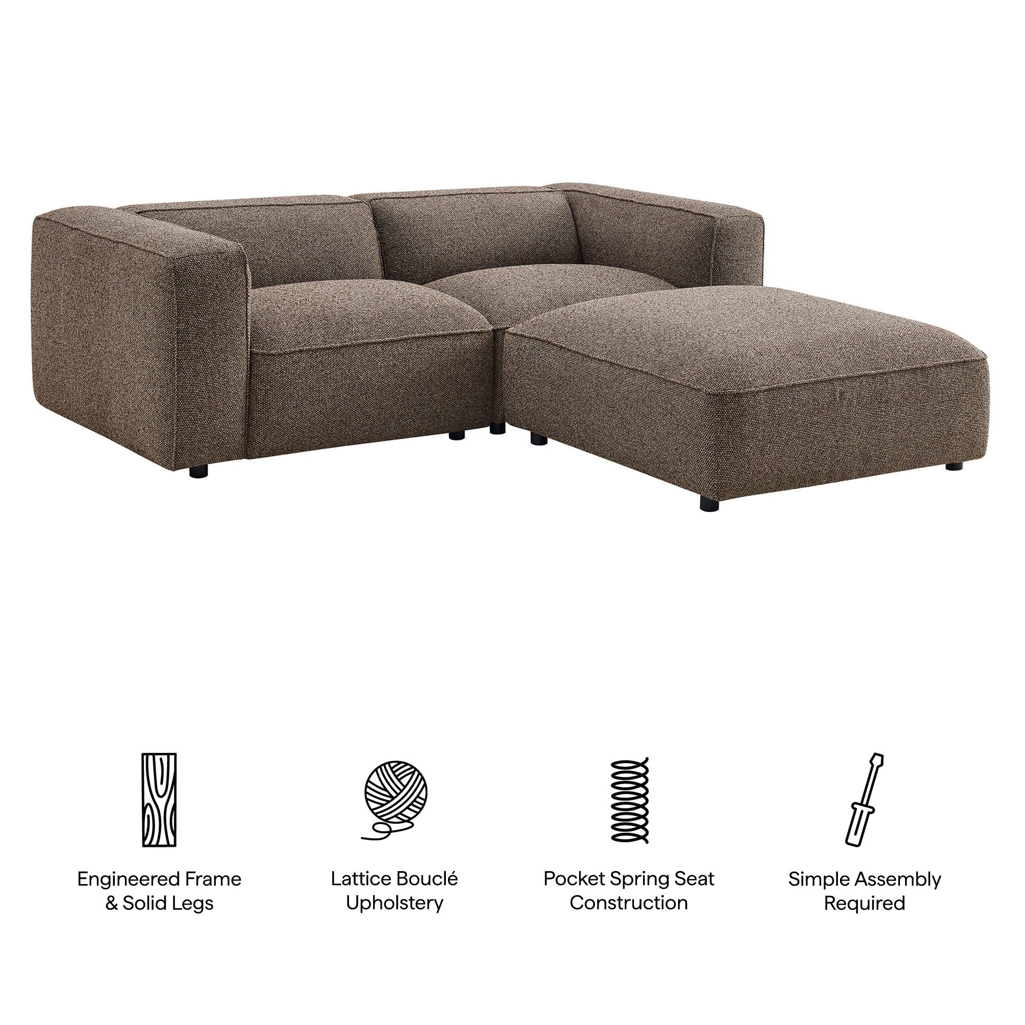Auren 3 Piece Lattice Bouclé Upholstered Modular Loveseat with Ottoman
