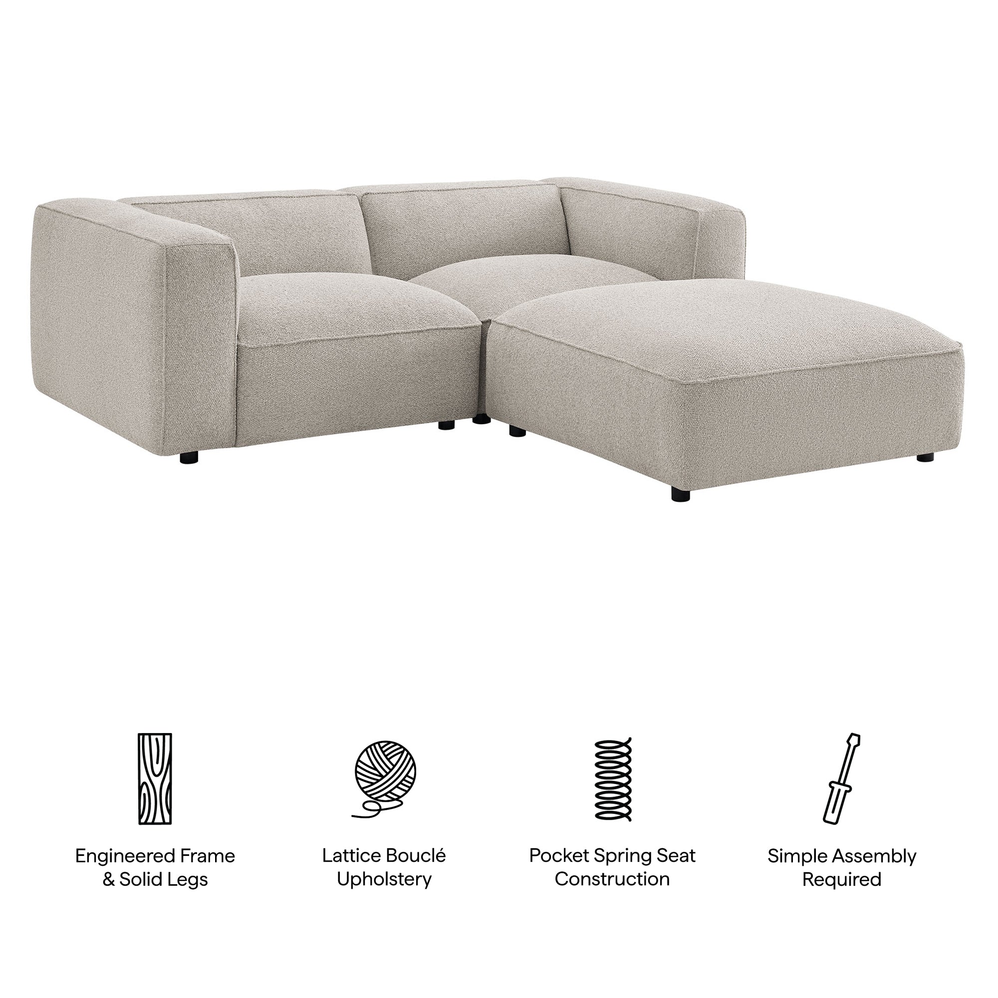 Auren 3 Piece Lattice Bouclé Upholstered Modular Loveseat with Ottoman