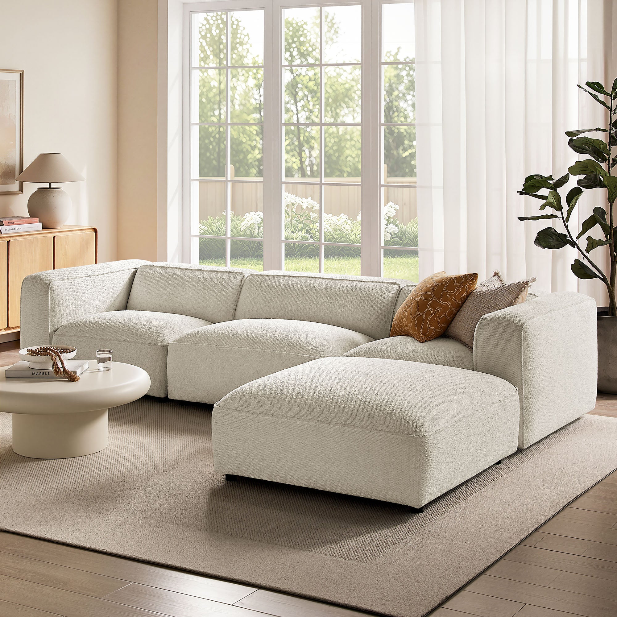 Auren 4 Piece Lattice Bouclé Upholstered Modular Sofa with Ottoman