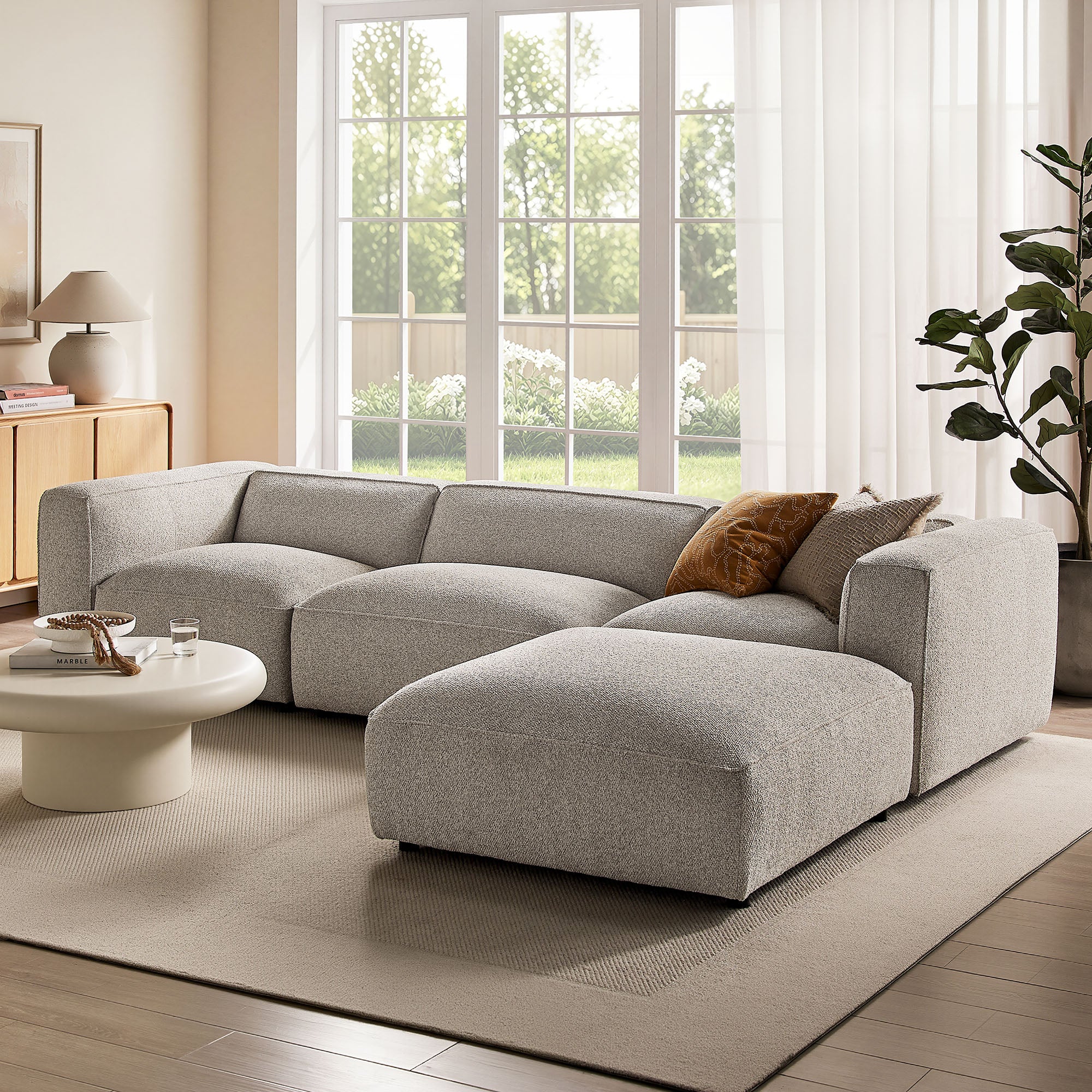Auren 4 Piece Lattice Bouclé Upholstered Modular Sofa with Ottoman