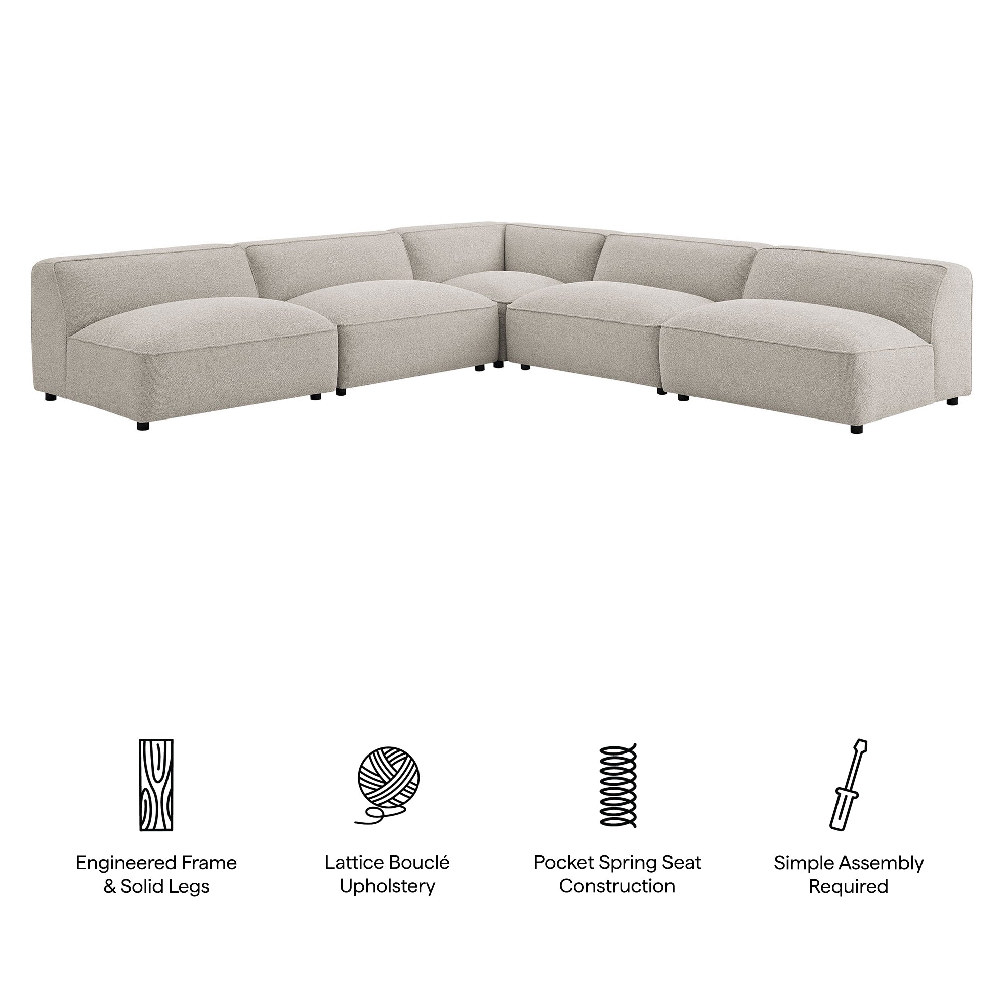 Auren 5 Piece Lattice Bouclé Upholstered Modular Corner Sectional