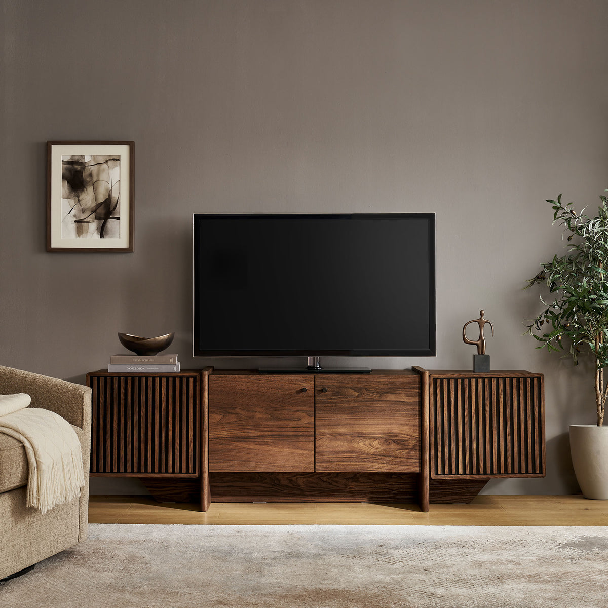 Yarrow 77 Inch Fluted Four Door TV Stand