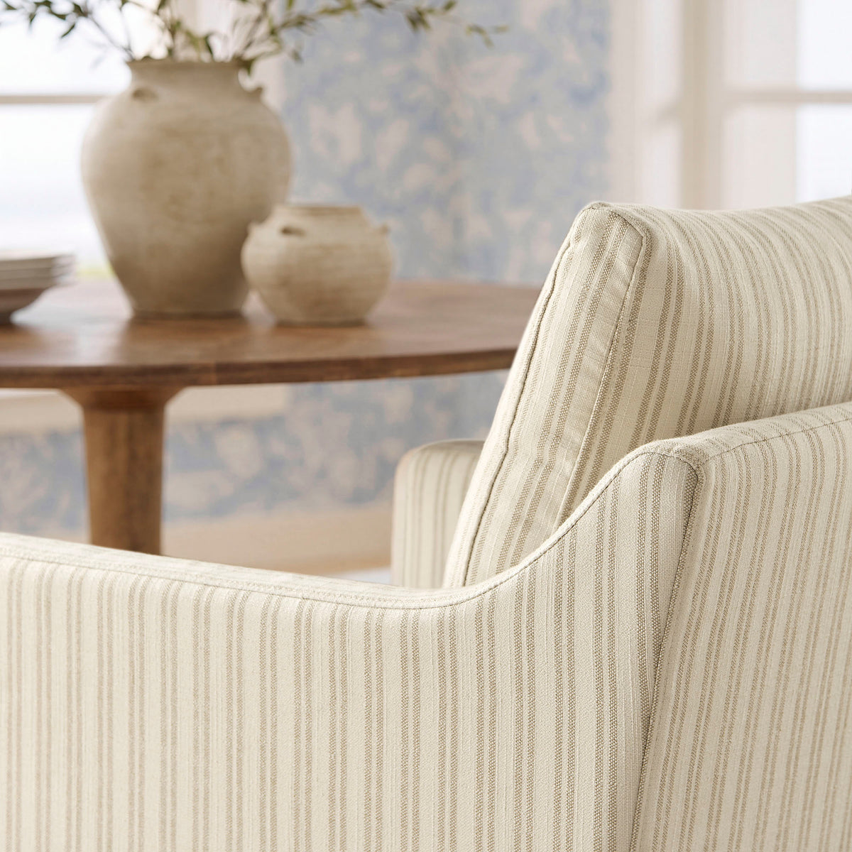 Serene Slipcovered Striped Fabric Dining Armchair