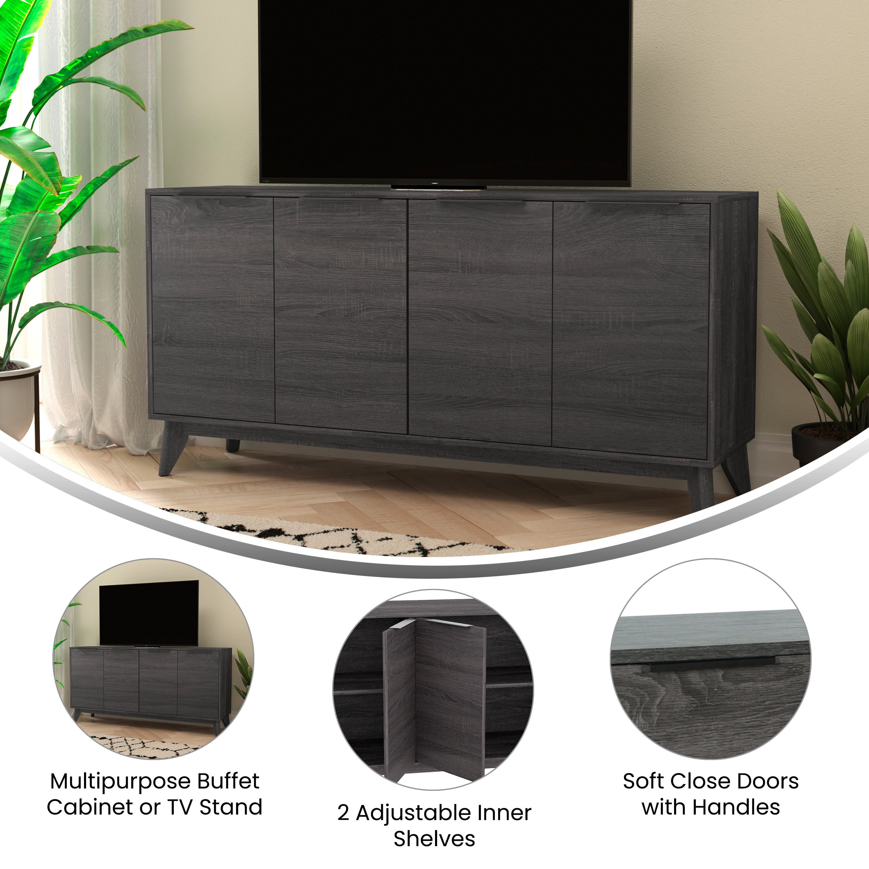 Hatfield Mid-Century Modern 4 Door Storage Buffet Sideboard, 4 Soft Close Doors, Adjustable Shelves, TV Stand for up to 64" TV's