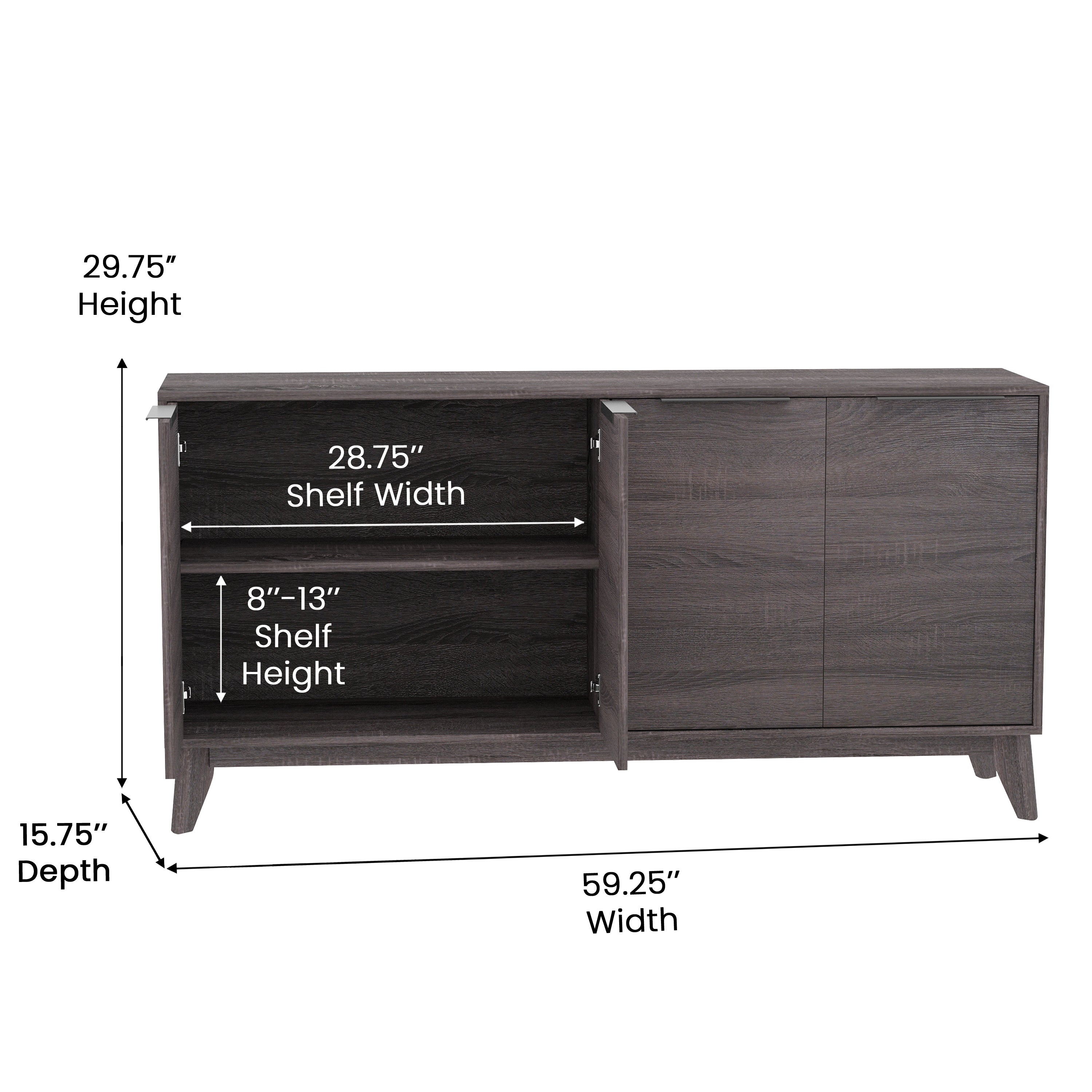 Hatfield Mid-Century Modern 4 Door Storage Buffet Sideboard, 4 Soft Close Doors, Adjustable Shelves, TV Stand for up to 64" TV's