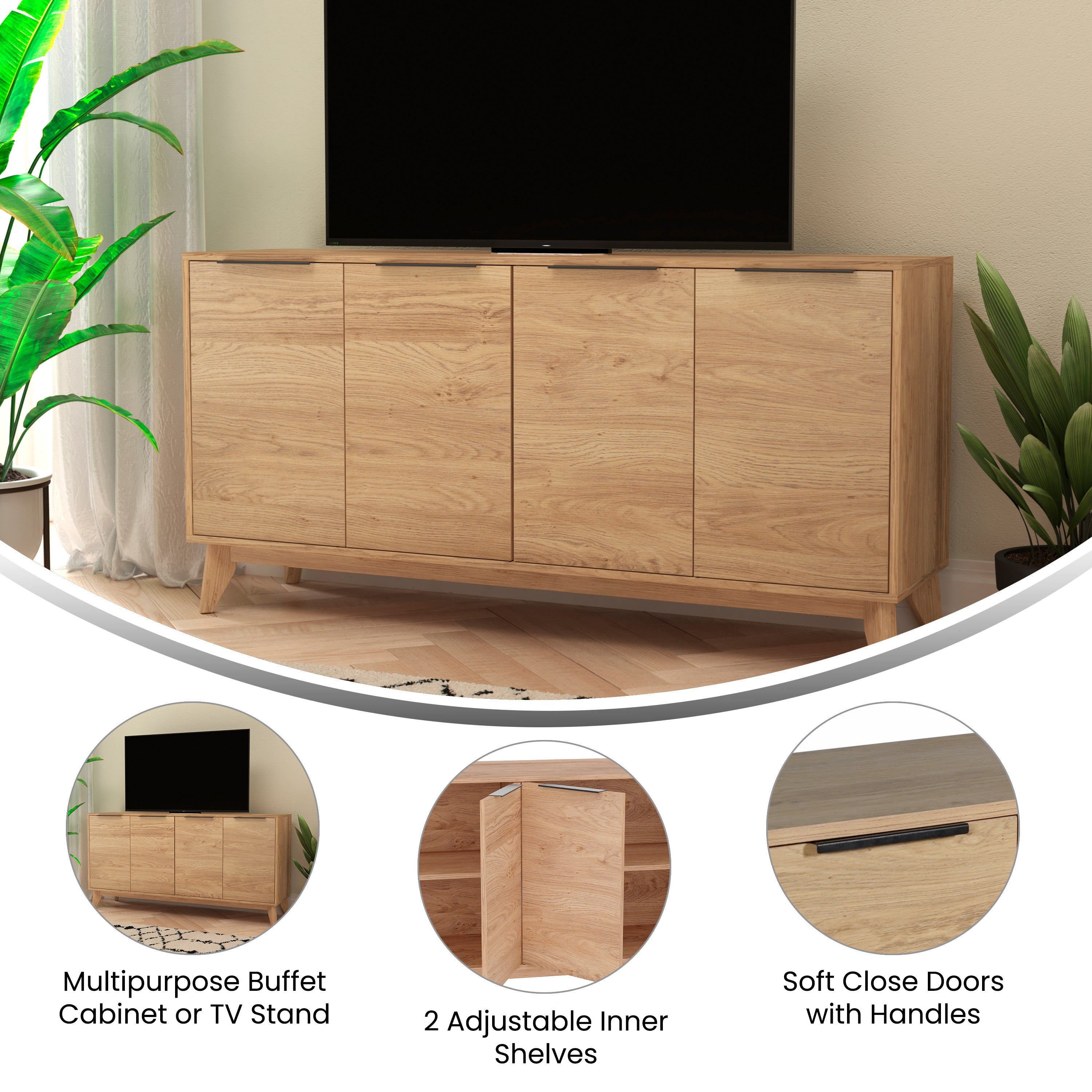 Hatfield Mid-Century Modern 4 Door Storage Buffet Sideboard, 4 Soft Close Doors, Adjustable Shelves, TV Stand for up to 64" TV's