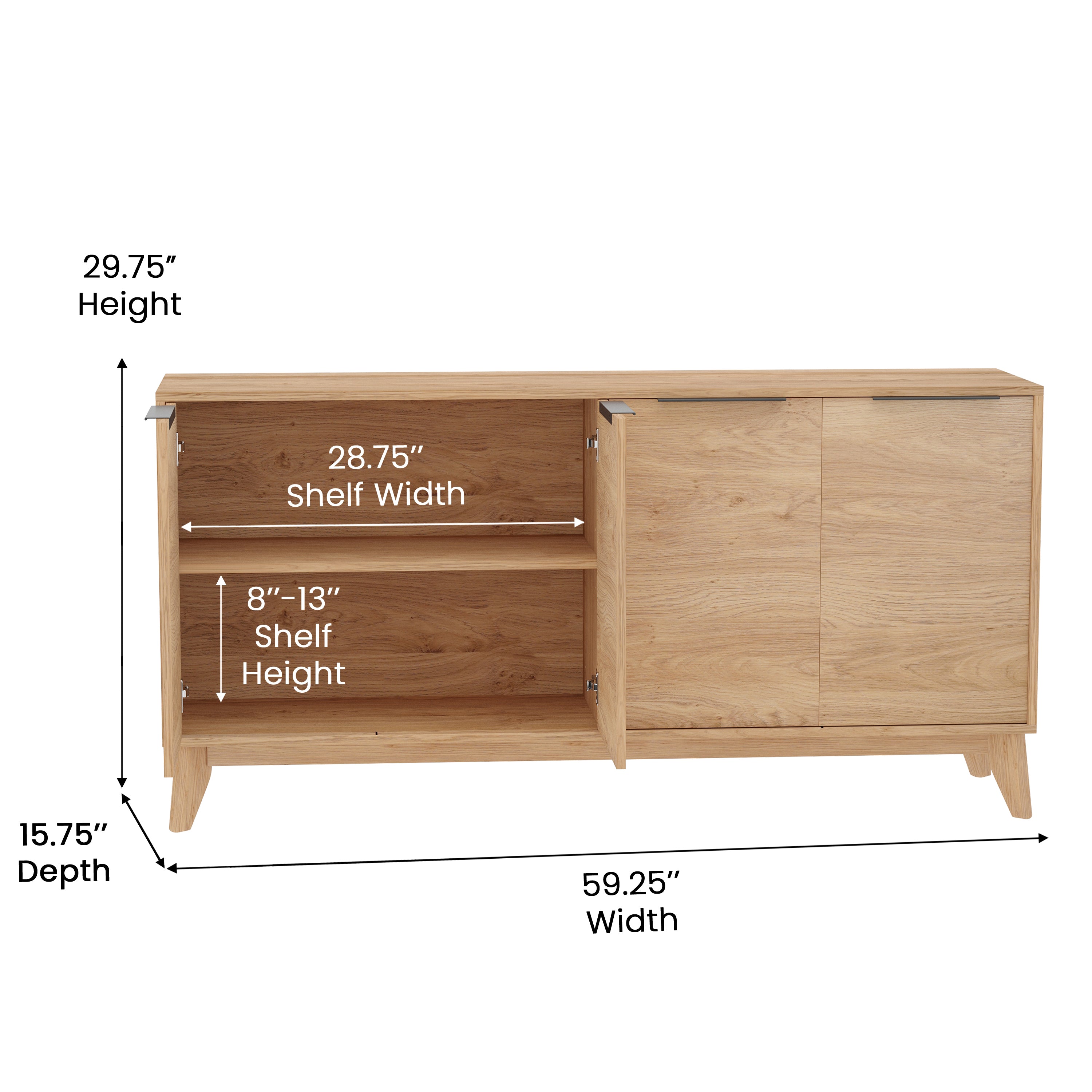 Hatfield Mid-Century Modern 4 Door Storage Buffet Sideboard, 4 Soft Close Doors, Adjustable Shelves, TV Stand for up to 64" TV's