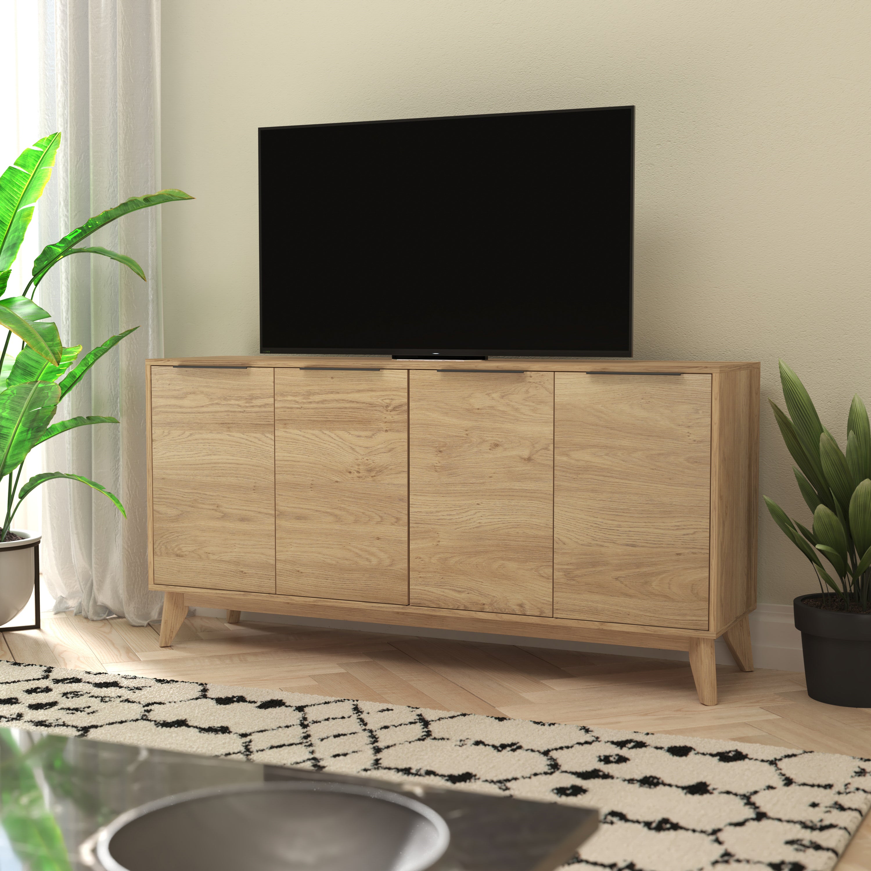Hatfield Mid-Century Modern 4 Door Storage Buffet Sideboard, 4 Soft Close Doors, Adjustable Shelves, TV Stand for up to 64" TV's