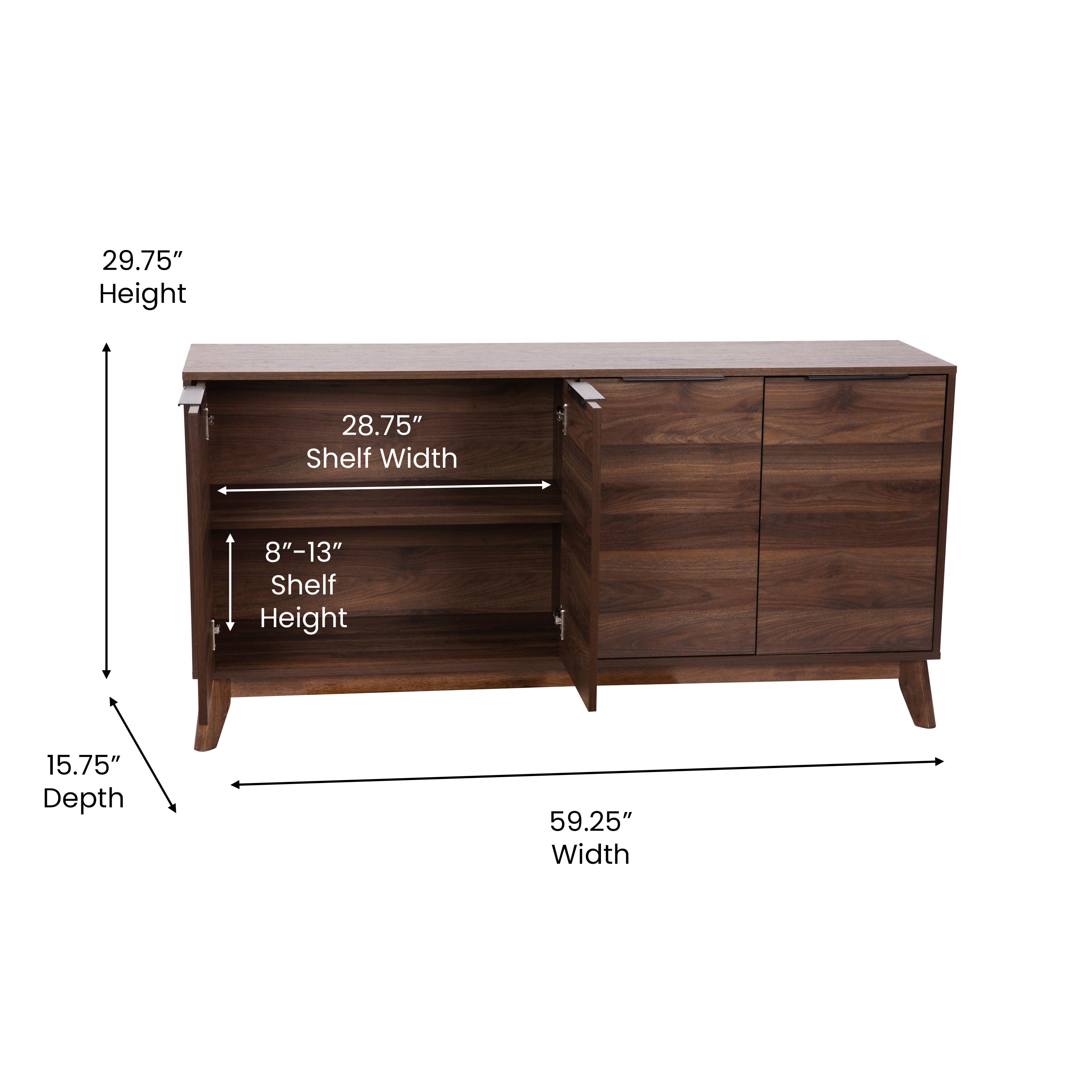 Hatfield Mid-Century Modern 4 Door Storage Buffet Sideboard, 4 Soft Close Doors, Adjustable Shelves, TV Stand for up to 64" TV's