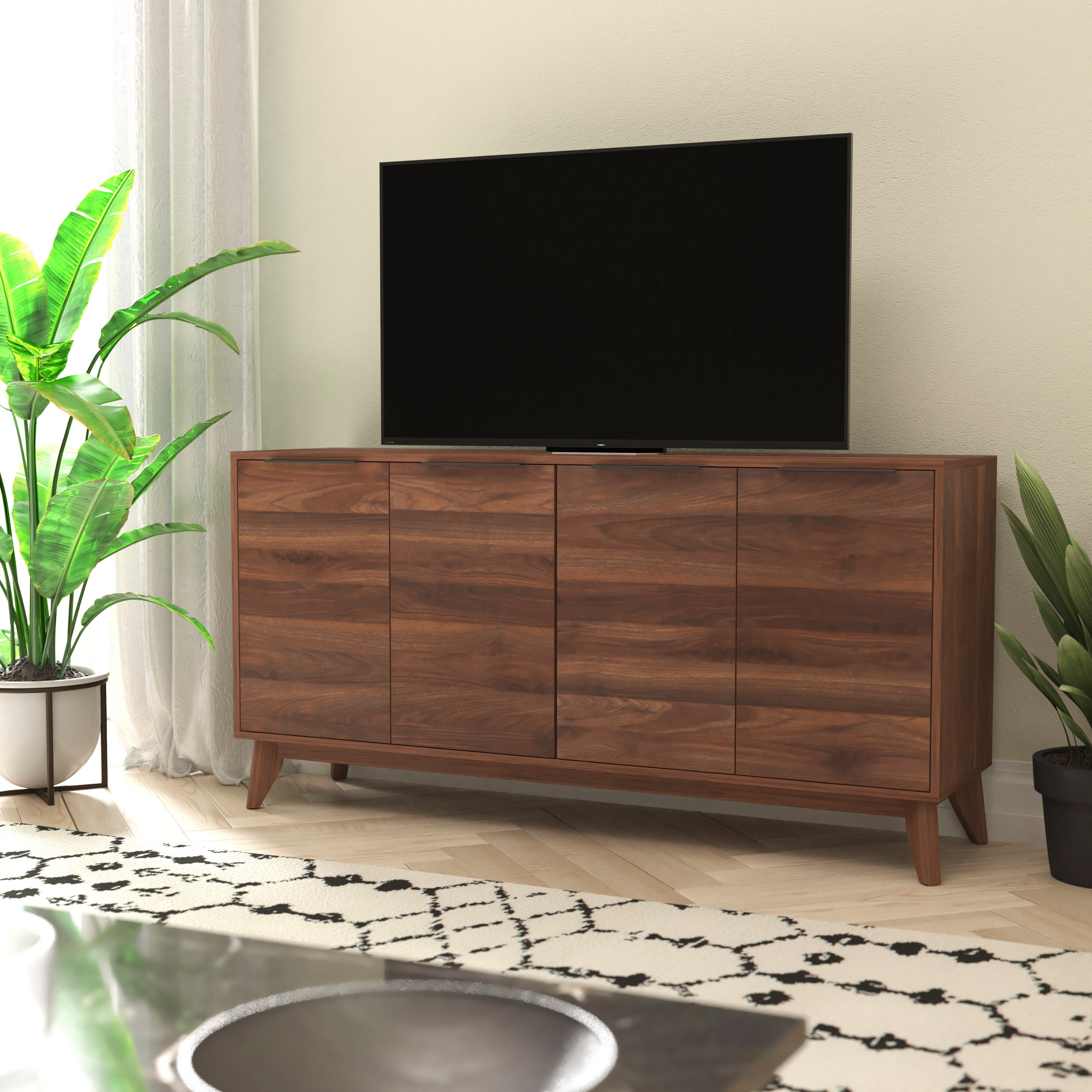 Hatfield Mid-Century Modern 4 Door Storage Buffet Sideboard, 4 Soft Close Doors, Adjustable Shelves, TV Stand for up to 64" TV's