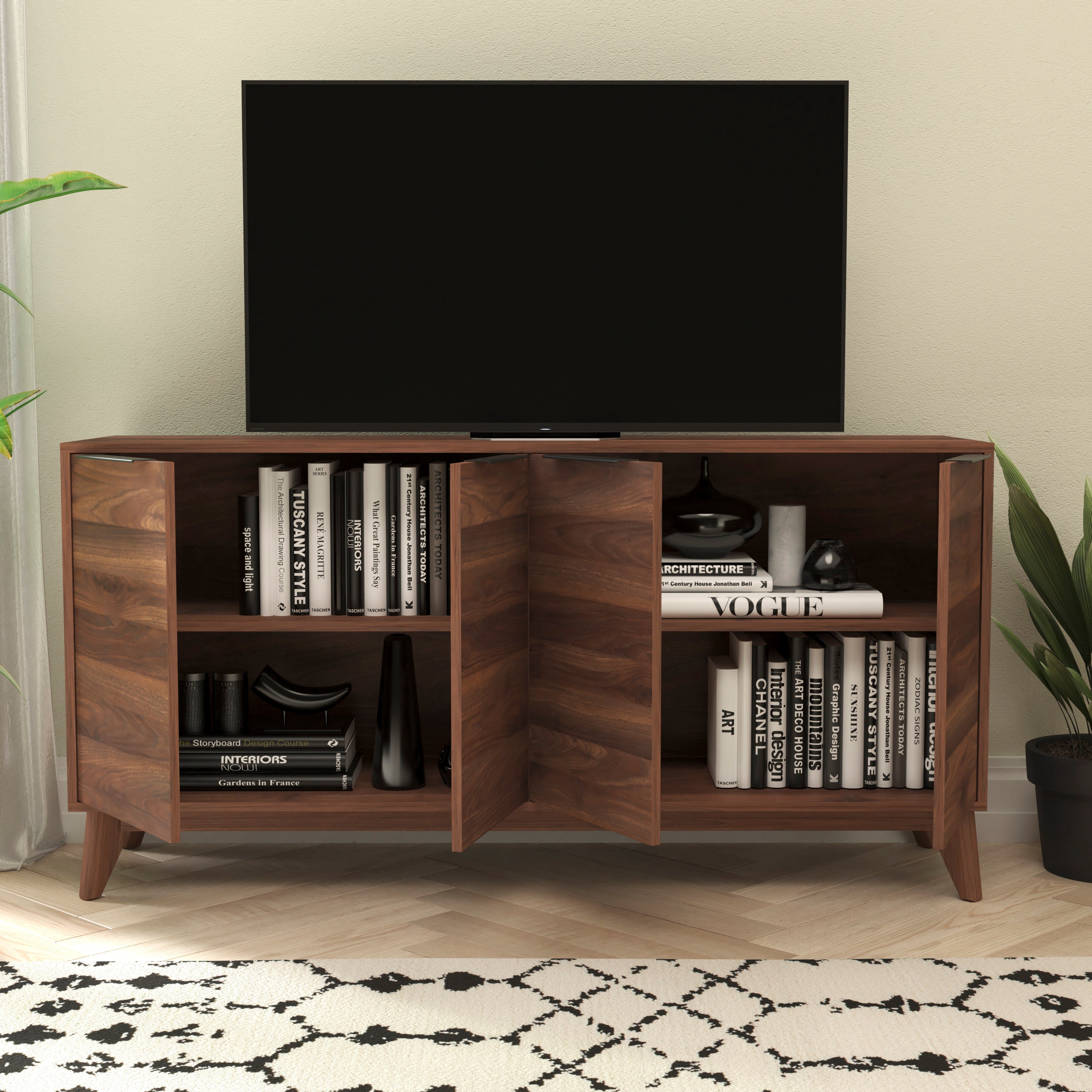 Hatfield Mid-Century Modern 4 Door Storage Buffet Sideboard, 4 Soft Close Doors, Adjustable Shelves, TV Stand for up to 64" TV's