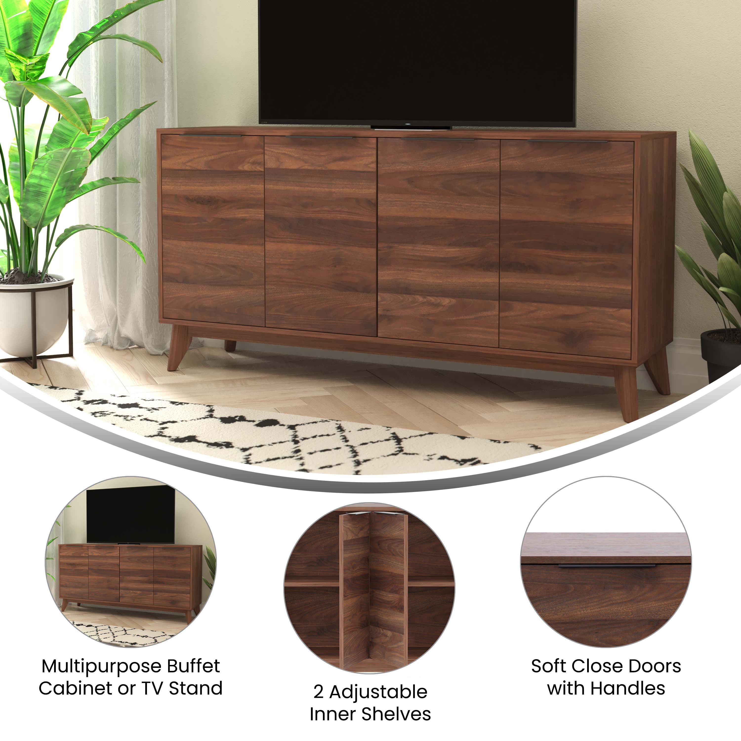 Hatfield Mid-Century Modern 4 Door Storage Buffet Sideboard, 4 Soft Close Doors, Adjustable Shelves, TV Stand for up to 64" TV's