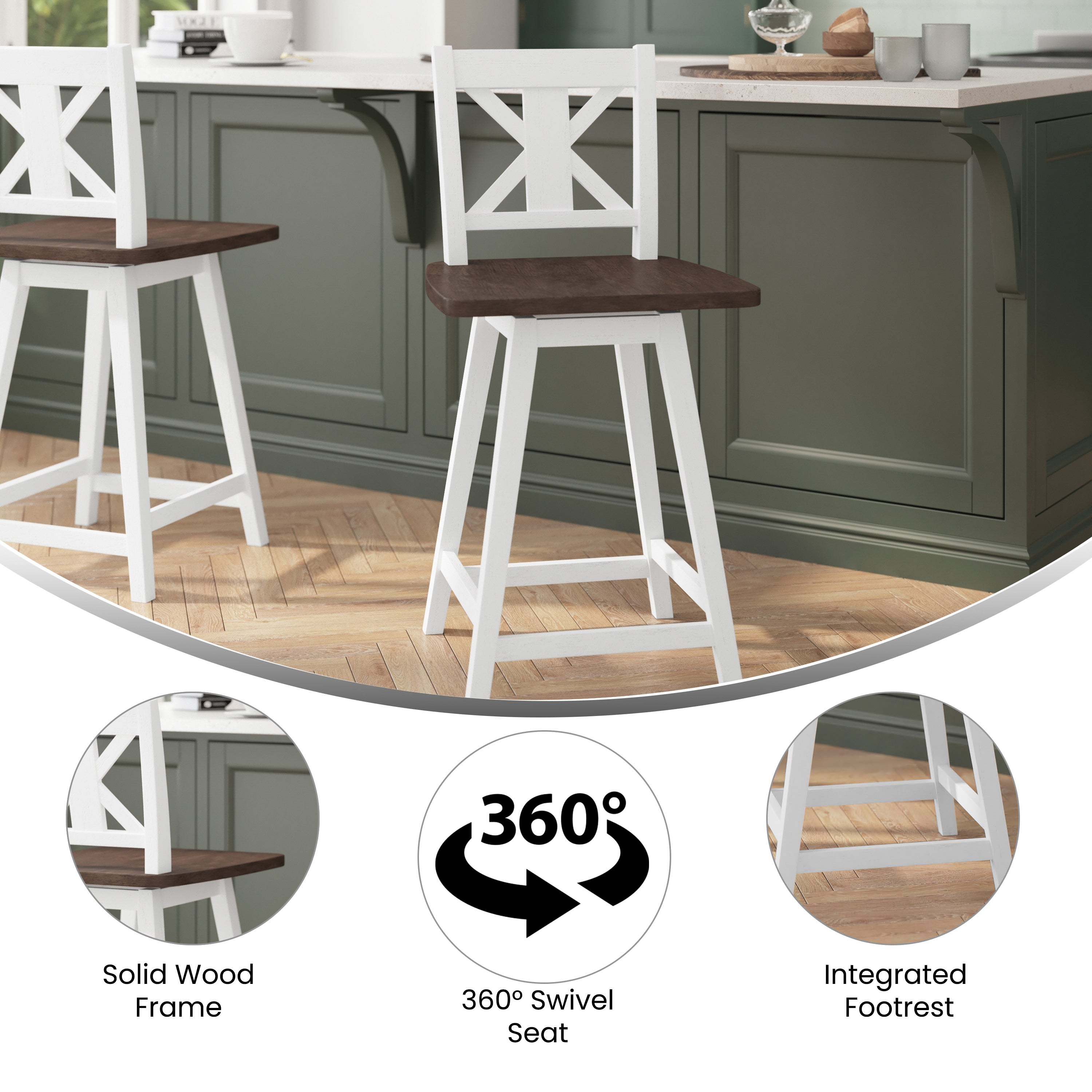 Gwendolyn Solid Wood Modern Farmhouse Swivel Counter Height Barstool
