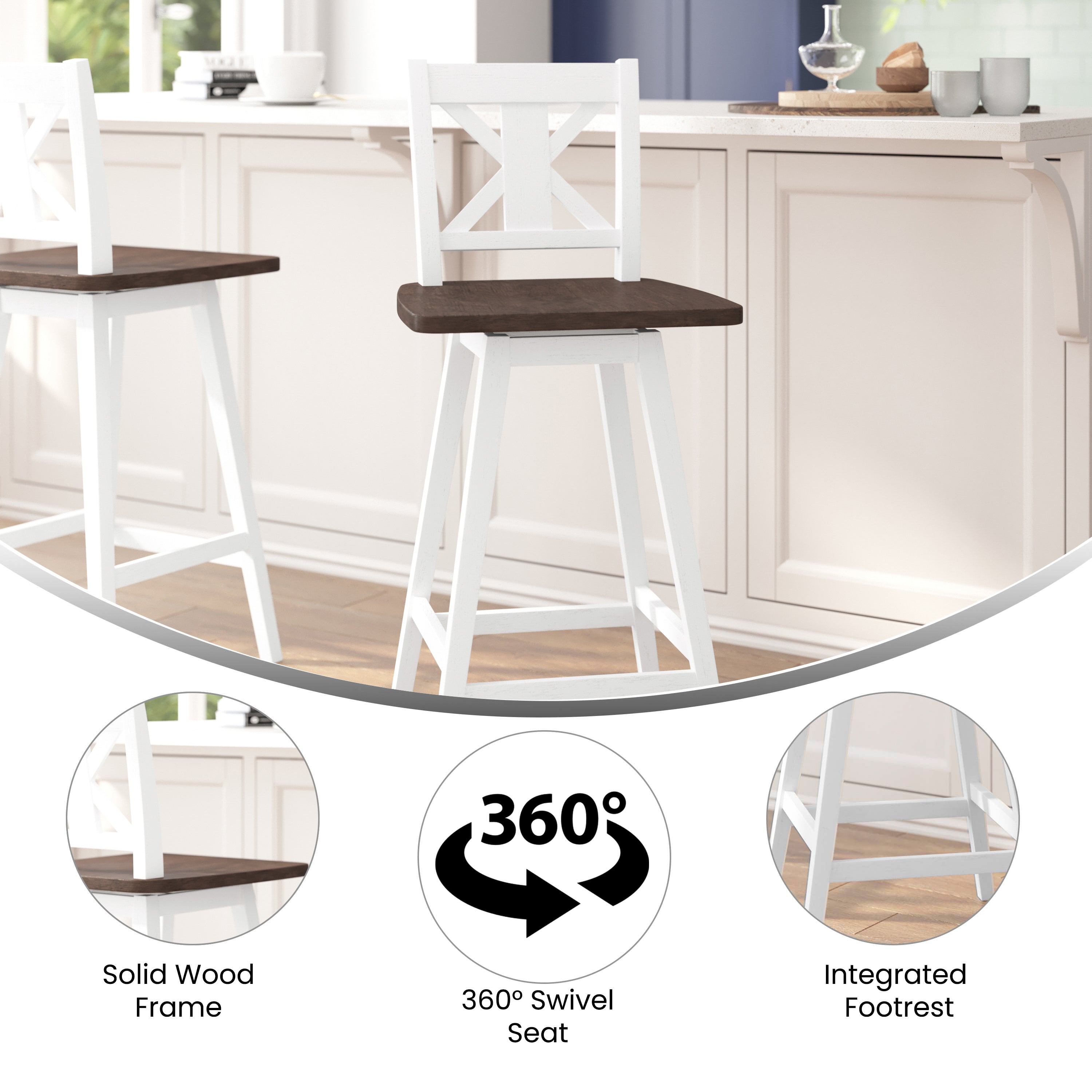 Gwendolyn Solid Wood Modern Farmhouse Swivel Bar Height Barstool