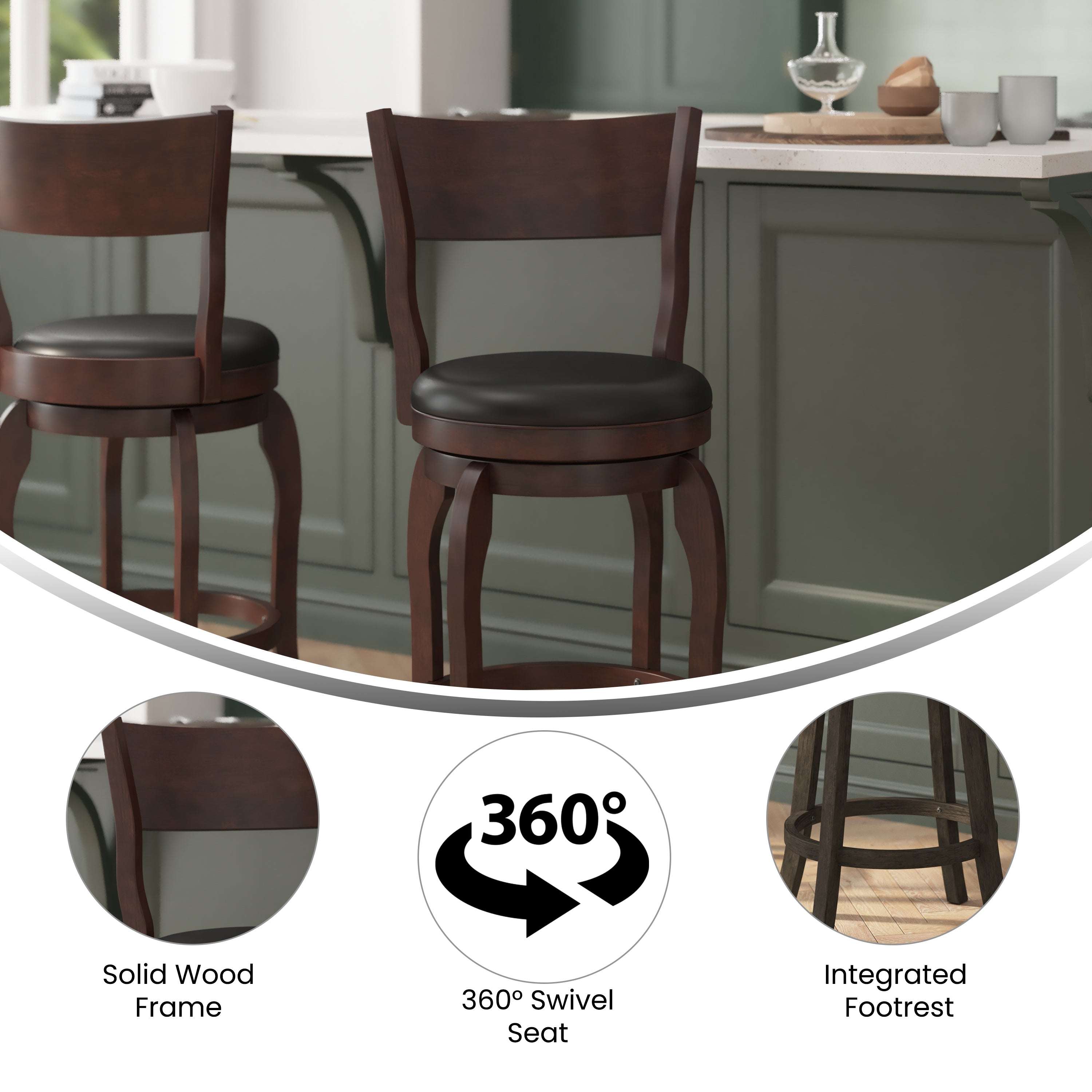 Nichola Classic Open Back Swivel Counter Height Pub Barstool with Bowed Wooden Frame and Padded, Uphosltered Seat