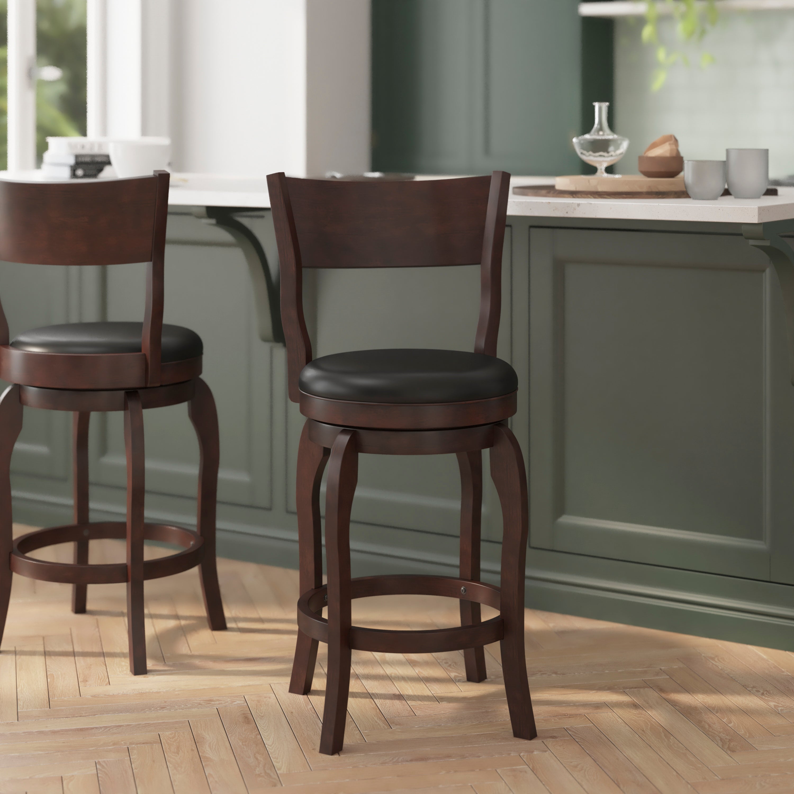Nichola Classic Open Back Swivel Counter Height Pub Barstool with Bowed Wooden Frame and Padded, Uphosltered Seat