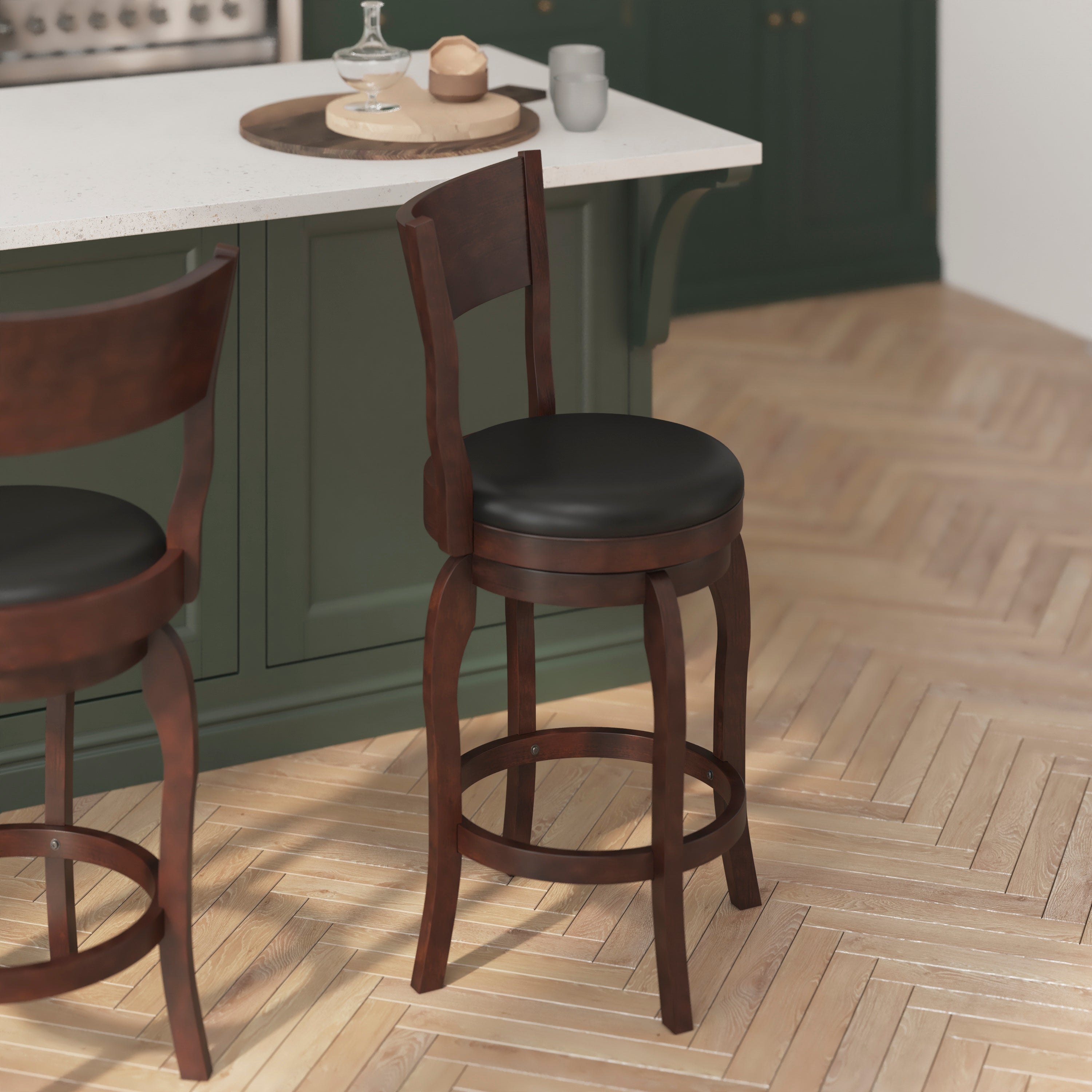 Nichola Classic Open Back Swivel Counter Height Pub Barstool with Bowed Wooden Frame and Padded, Uphosltered Seat