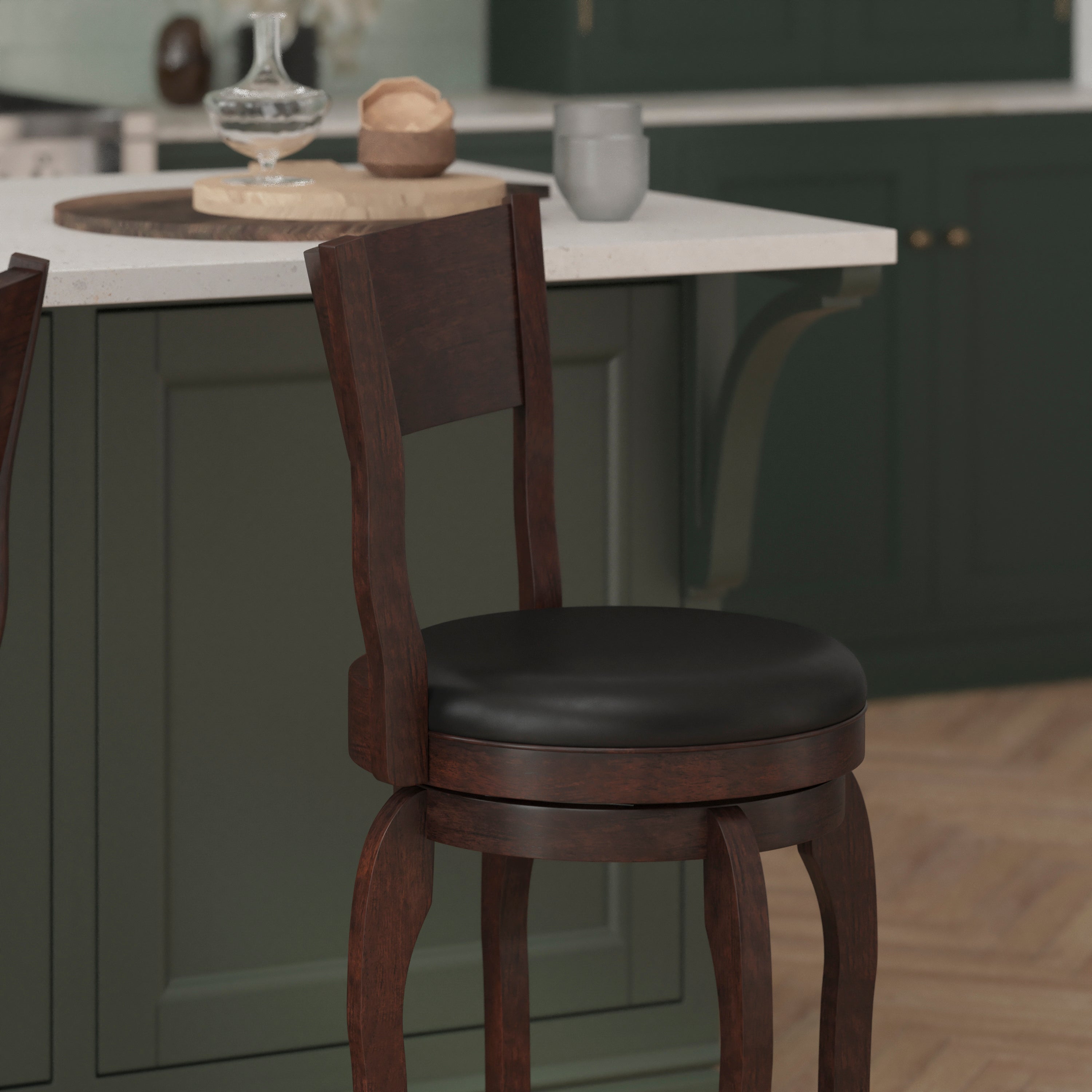 Nichola Classic Open Back Swivel Counter Height Pub Barstool with Bowed Wooden Frame and Padded, Uphosltered Seat