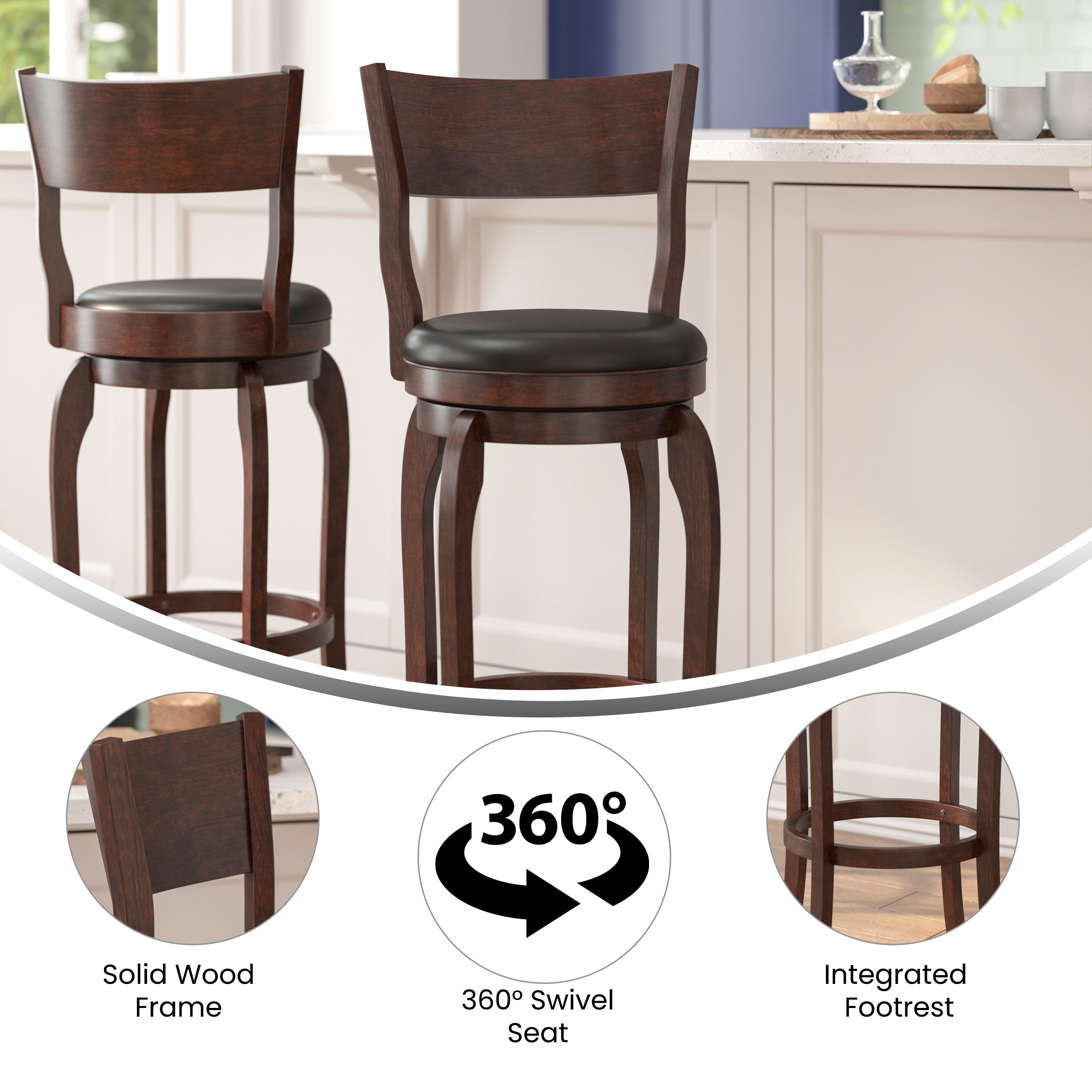 Nichola Classic Open Back Swivel Bar Height Pub Barstool with Bowed Wooden Frame and Padded, Uphosltered Seat
